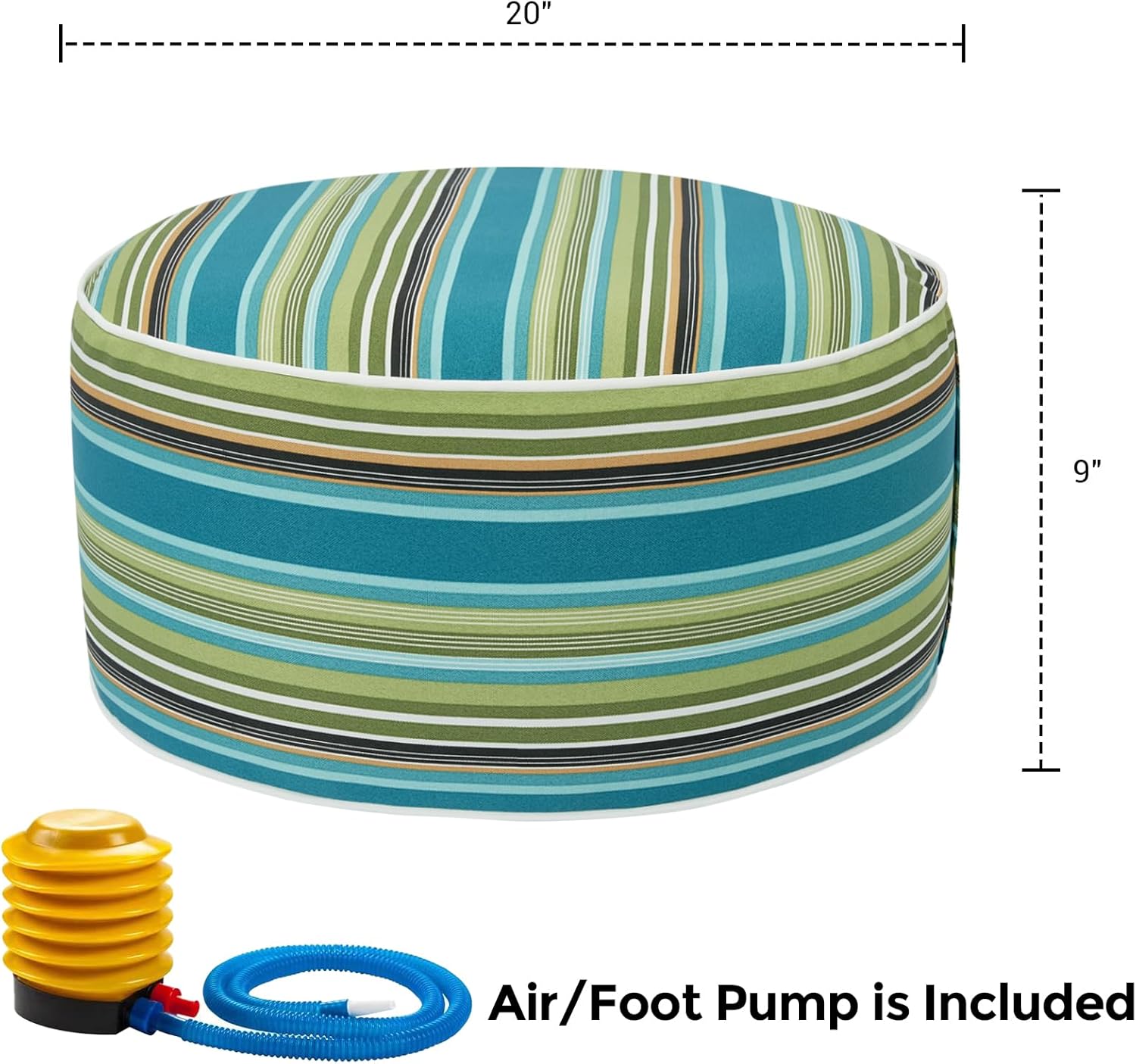 Outdoor/Indoor Inflatable Ottoman Pouf D20 xH9, All Weather Round Footstool with Foot Pump, Water Repellent Portable Footrest with Handle for Patio Garden Camping Travel-Green Stripe