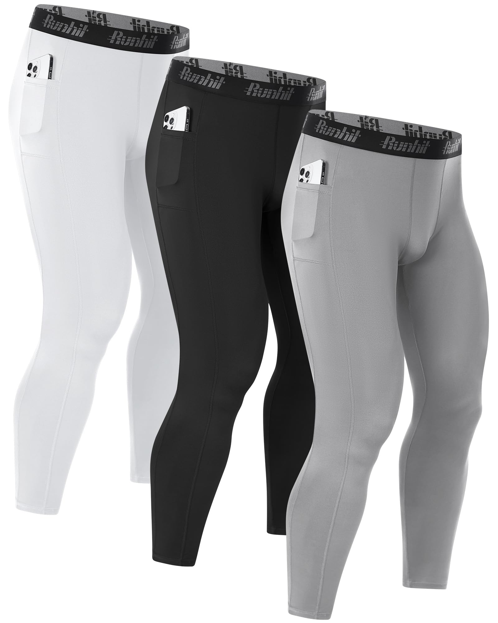 Runhit 1/3er Pack Kompressionshose Herren Lange mit Taschen, Tights Sport Leggings Schnelltrocknende Trainingshose Sporthose Laufhose Atmungsaktiv Funktionsunterhose für Fitness Joggen Training Gym