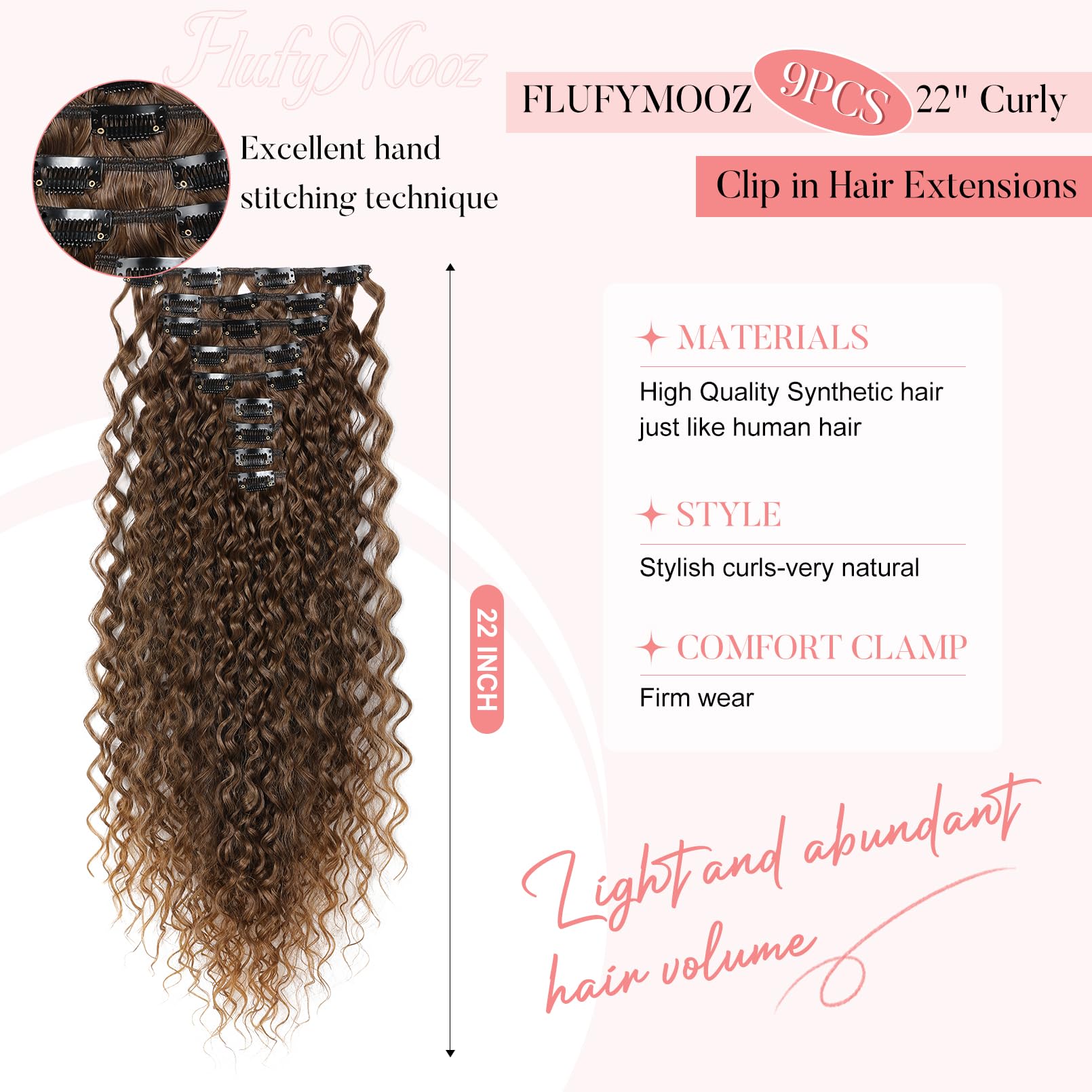 FLUFYMOOZ 9PCS Clip in Hair Extensions 22 Inch Curly Hair Extension Long Soft Synthetic Hairpieces for Women (Dark Brown to Caramal Brown) - Image 2
