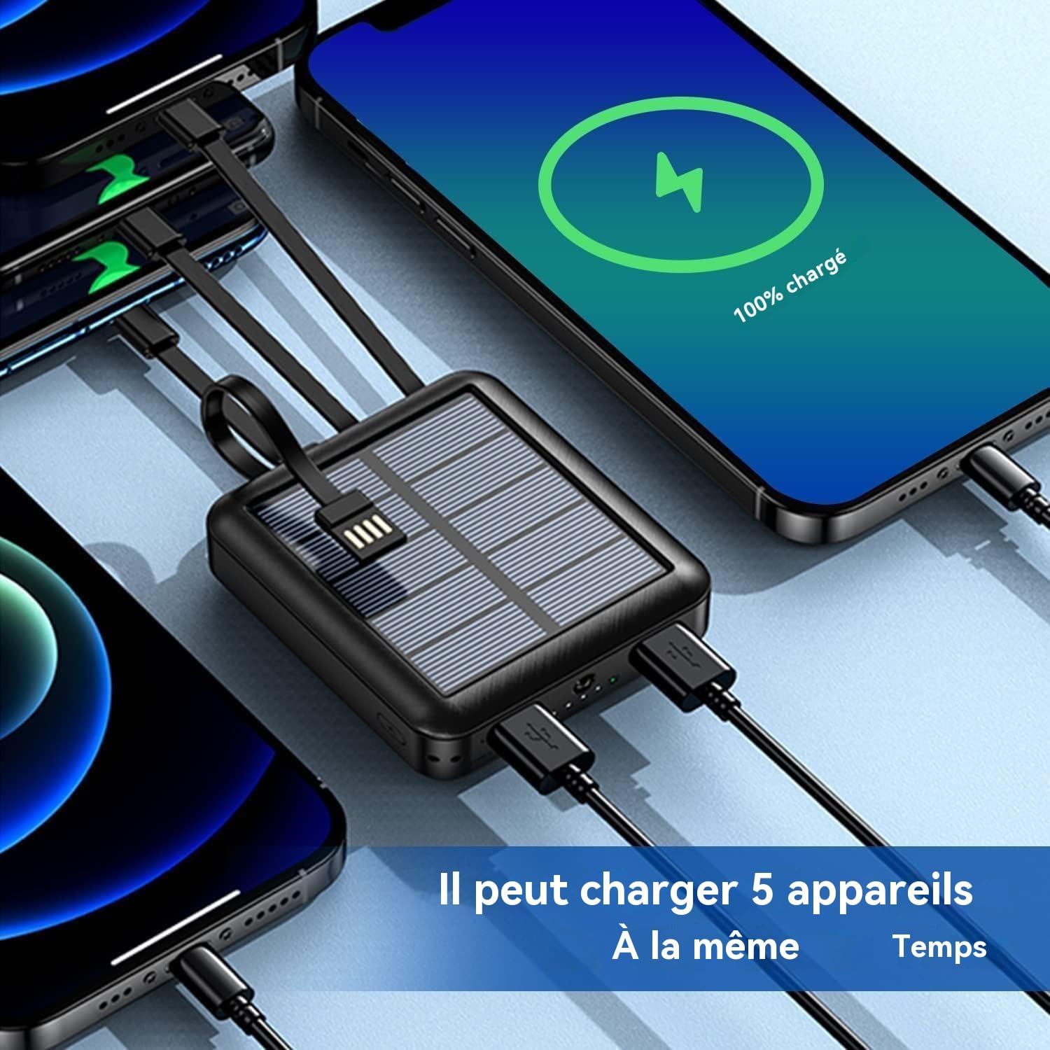 Chargeur Solaire Lakko 15000mAh - LED, Qi, USB-C/Micro-USB - Noir