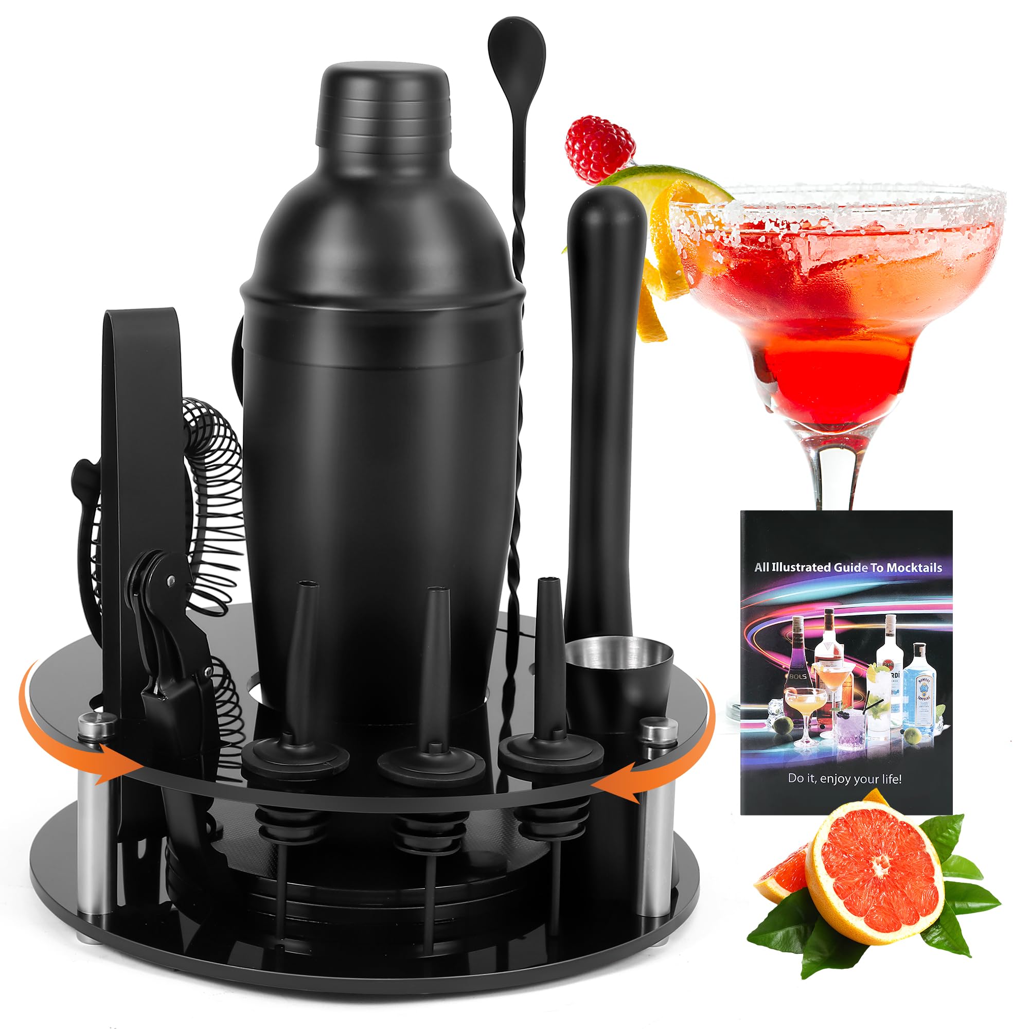 Bartender Kit,Cocktail Shaker Set 13-Piece Bar Tool Set with Acrylic Rotatable Stand for The Home,Bar（Frosted Black）