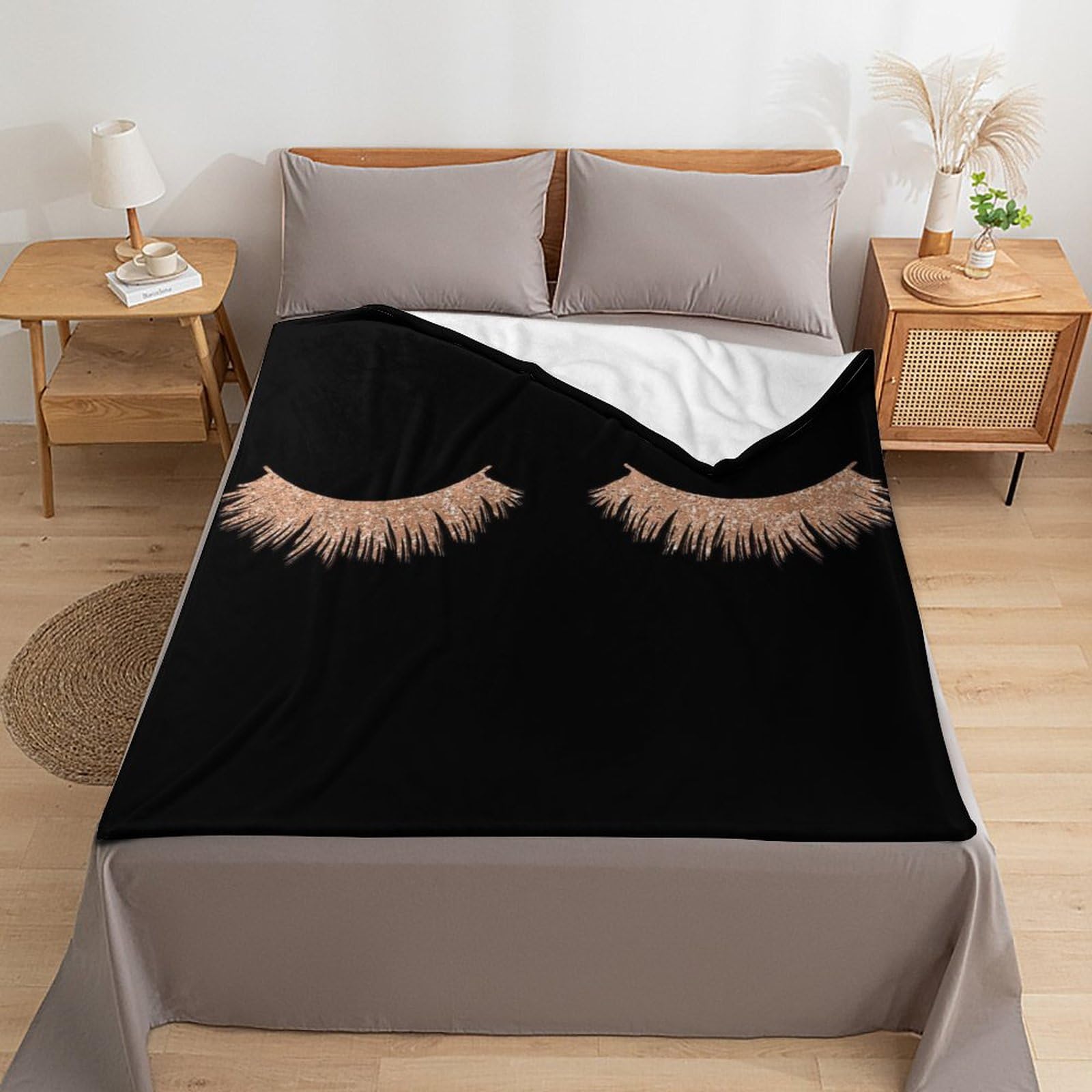 Manta de felpa para maquillaje de pestañas, color negro, elegante, suave y acogedora manta de franela para todas las estaciones para sofá cama, 60 x 80 pulgadas