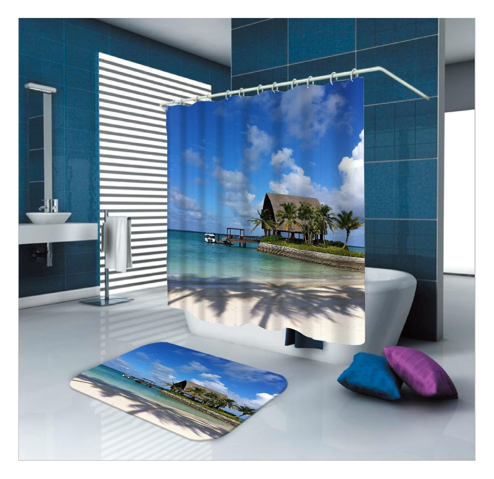 Cortina de ducha de 180 x 200 cm, textil azul, diseño de playa, tela de poliéster, resistente al moho, lavable, 1,8 x 2 m de largo (ancho x alto), incluye anillas para cortina de ducha
