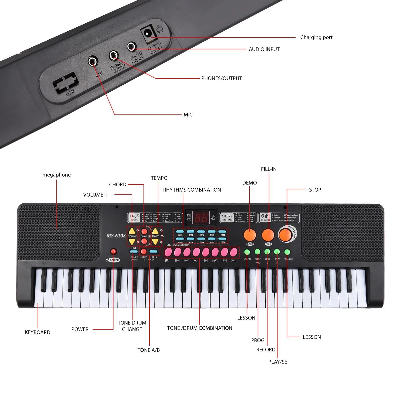 61 Klawiszowy Elektroniczny Fortepian Z Dwoma Głośnikami 16 Tonów 10 Rytmów 6 Demonstracyjnych Instrumentów Muzycznych