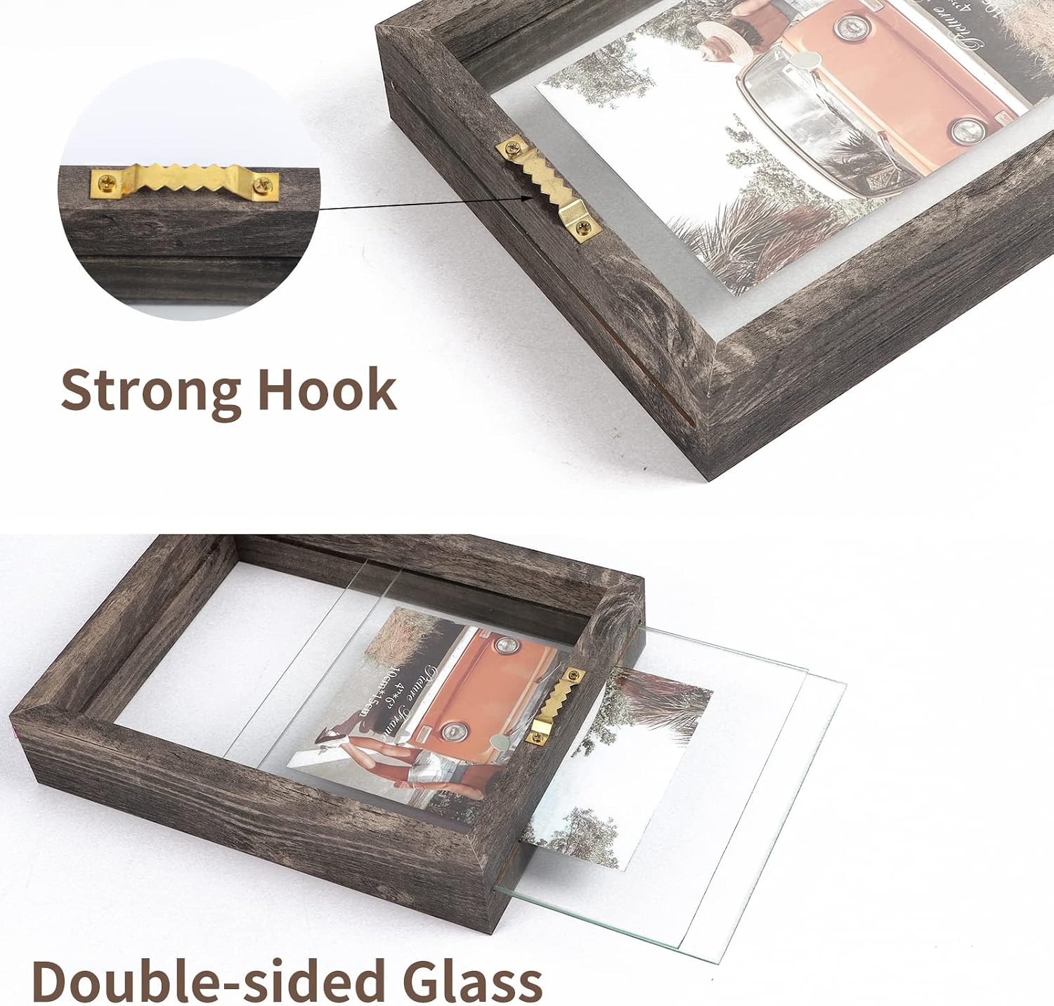 WIFTREY 2 Pack 4x6 Floating Picture Frames, Double Glass Rustic Photo Frame for Wall Hanging or Tabletop Standing, Displays Photo up to 6x8, Gray