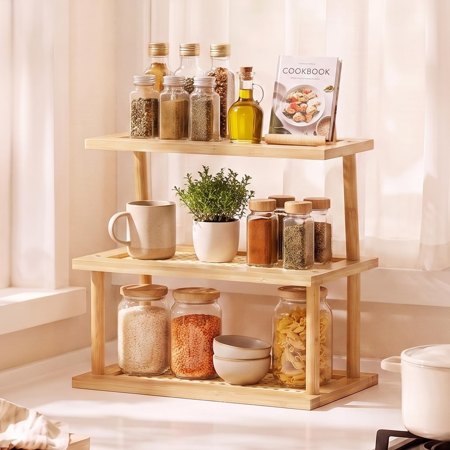 HOKIPO Bamboo Spice Shelf - 3 Tier Rattan Organizer -1
