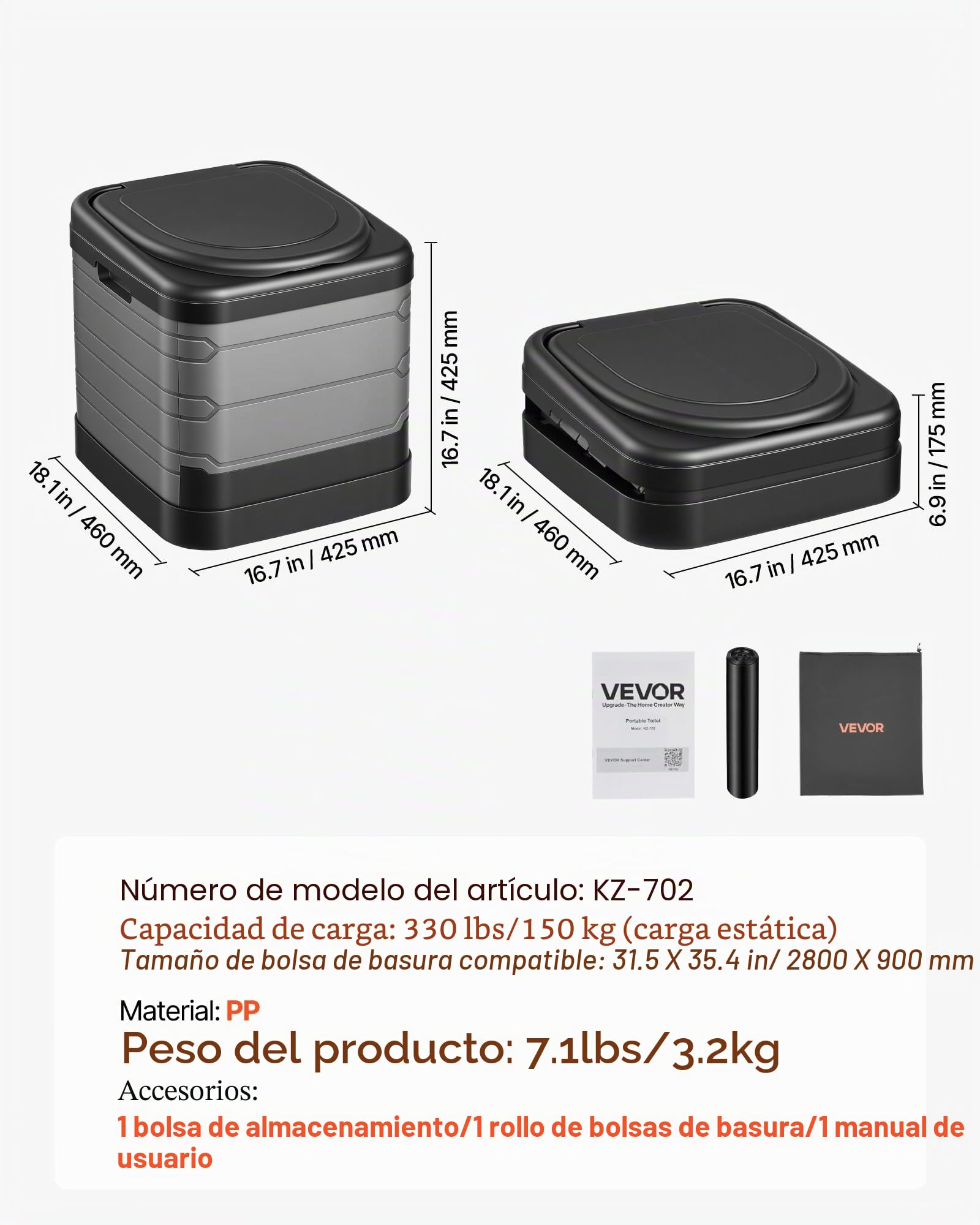 VEVOR Inodoro Portátil Plegable 460 x 425 x 425 mm, Inodoro Portátil para Camping Carga de 150 kg, con Bolsa de Transporte, para Uso Doméstico, Viajes en Autocaravana, Senderismo, Navegación, Coche