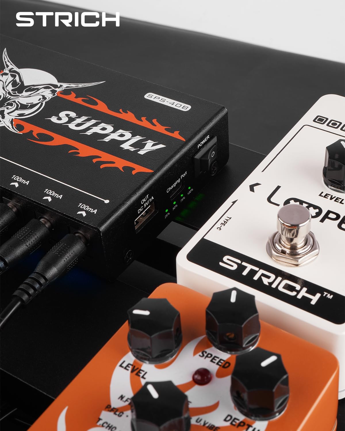 STRICH Fuente de alimentación de Pedal SPS-40B con Conectores Integrados de 10000 mAh, 10 Salidas CC 9 V (2 x 300 mA, 8 x 100 mA) para Pedales de bajo y Guitarra, batería Recargable, Pedal de Efecto