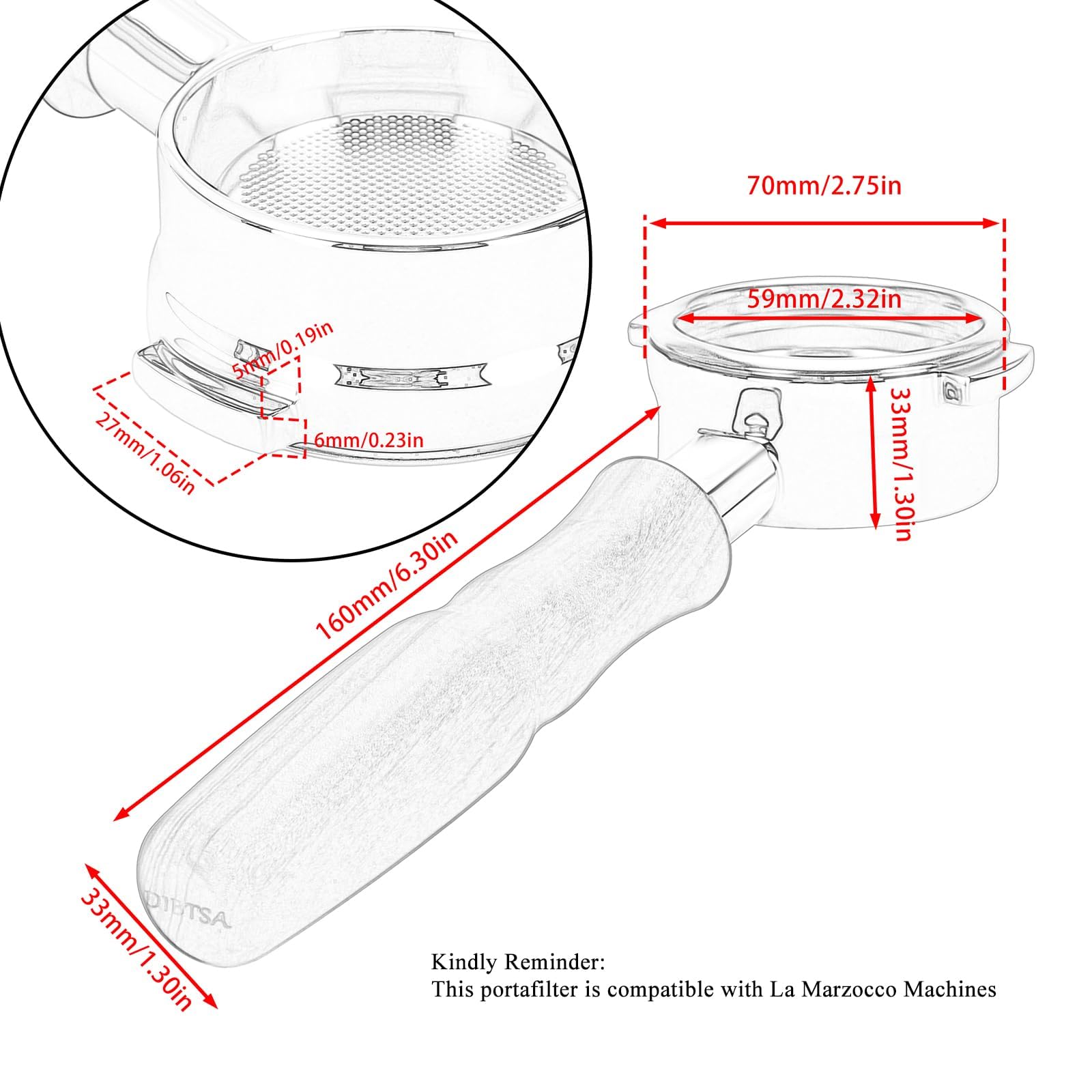 Bodenloser Siebträger 58mm für Compatible with all La Marzocco Machines,Siebträgerkopf aus 304 Edelstahl, Griff aus massivem Rotes Guibao