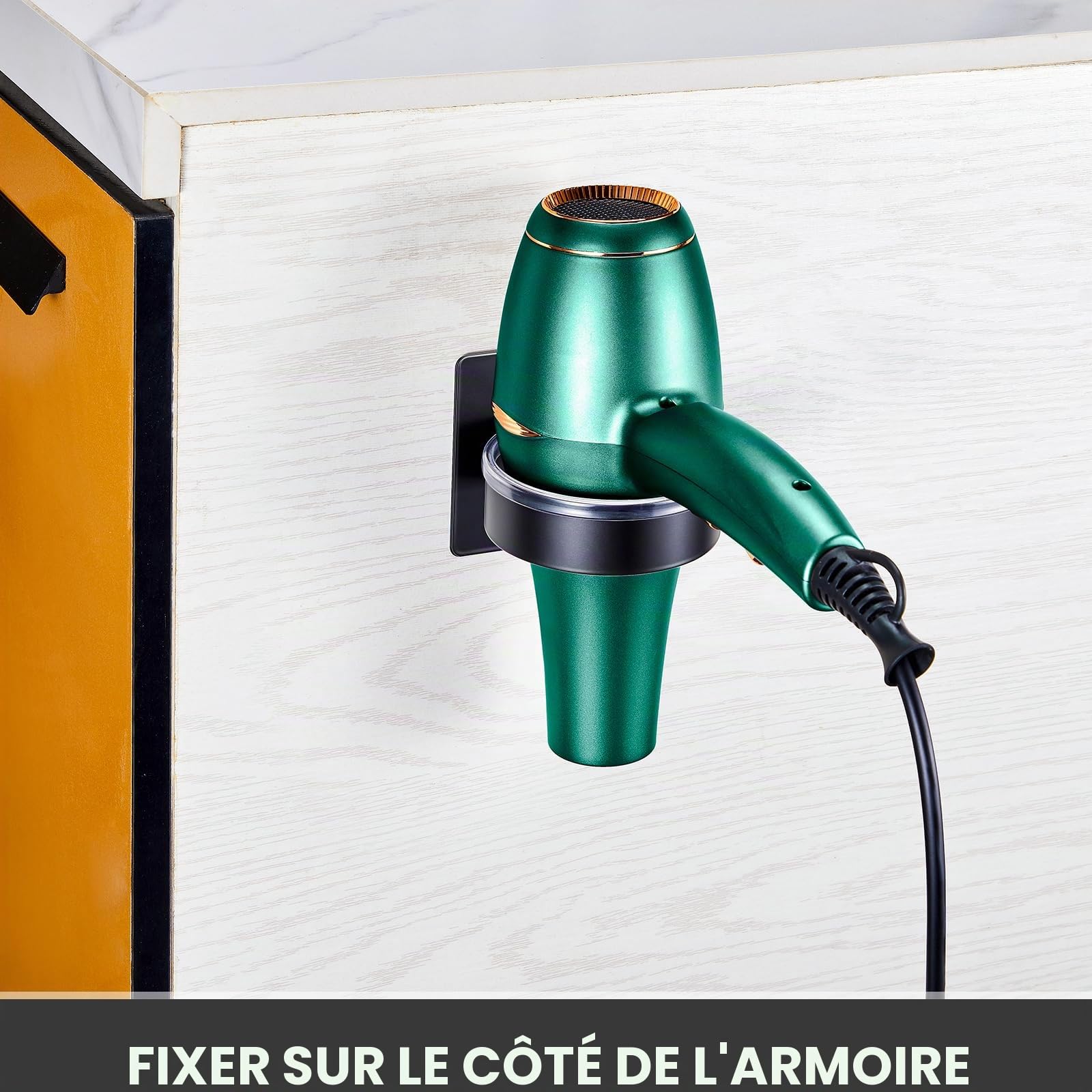 Support Pour Sèche-Cheveux Mural, Porte Sèche-Cheveux, Installation Facile Autocollant Support Seche Cheveux Pour Salle De Bain, Salon De Coiffure (Noir)