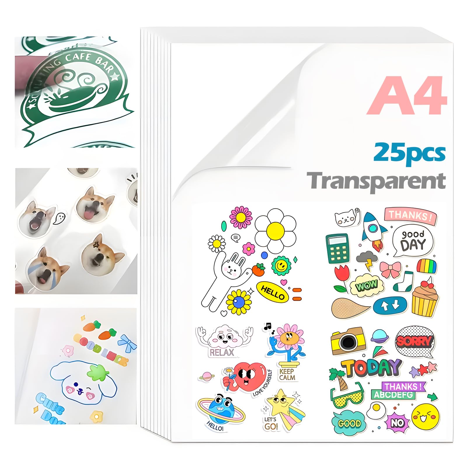 A4 Sticker Paper Labels, 25 Sheets Glossy Transparent Self Adhesive Inkjet Vinyl Sticker Paper, Waterproof Printable Vinyl Stickers Papers Clear Sticker Printer Papers for DIY Stickers