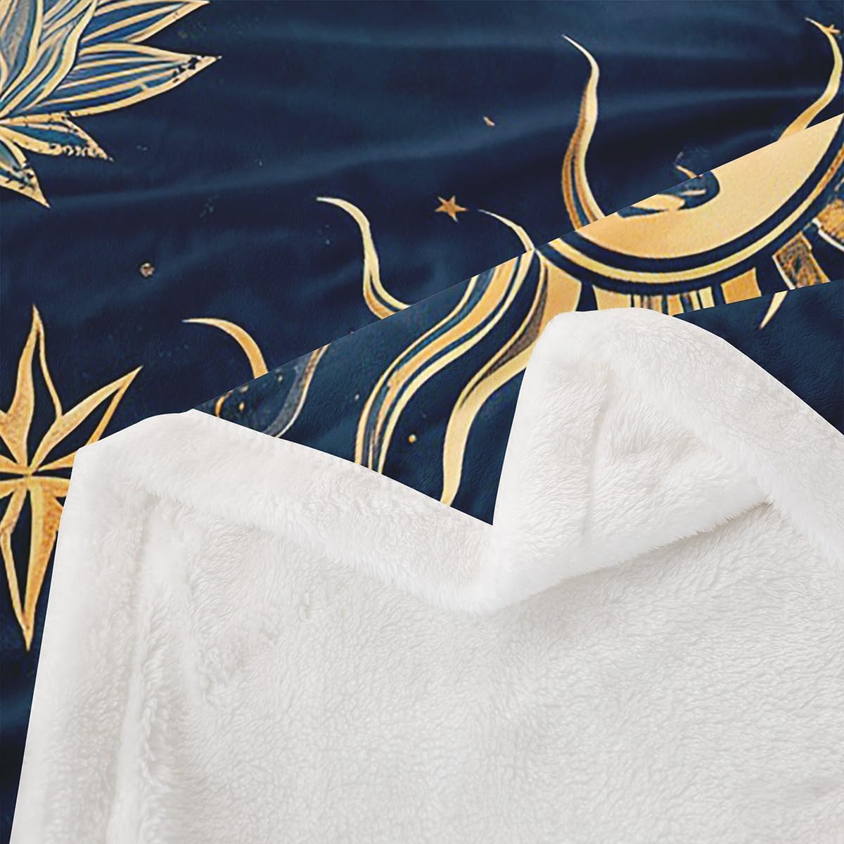 Feelyou Sun and Moon Sherpa Blanket Boho Blue Space Galaxy Fleece Throw Blanket for Kids Boys Girls Boho Mandala Plush Blanket Blue Gold Fuzzy Blanket for Sofa Bed Couch,Twin 60x80 Inches