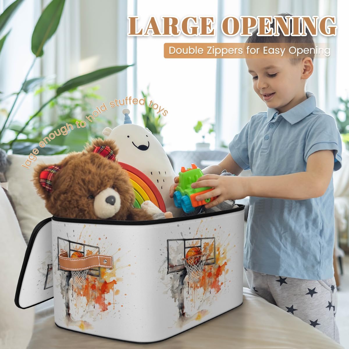 Storage Bin Set of 2 Watercolor Basketball Storage Basket with Zipper Lid & Handle Foldable Closet Shelf 2 Pack Cloth Organizer Basket Cube Bins Clothes Organizer for Nursery, Bedroom