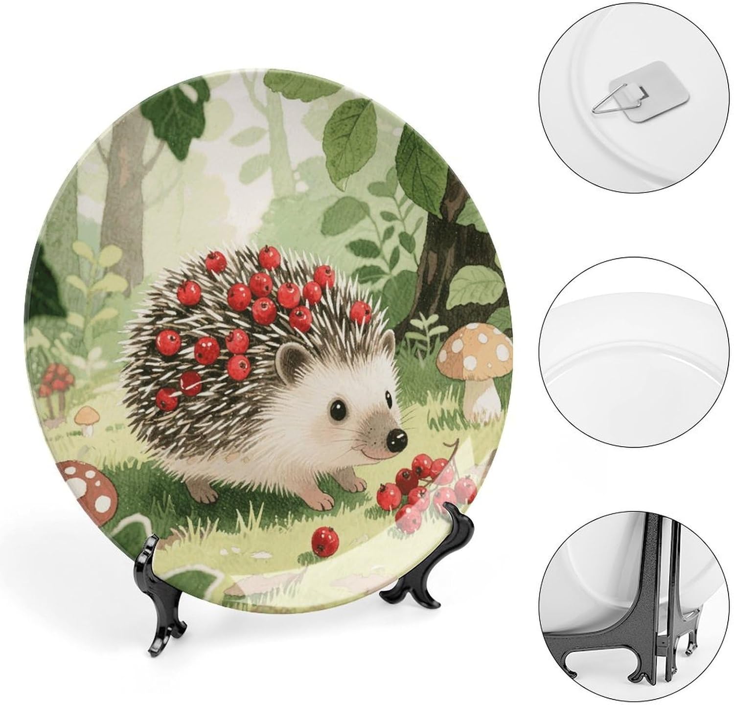 Berry - Collecting Hedgehog Ceramic Plate 10inch Decorative Bone China Wall Hanging Ornament Plates Bohemian Style Dinner Plate with Display Stand Cabinet Display Plates for Home Art Decor