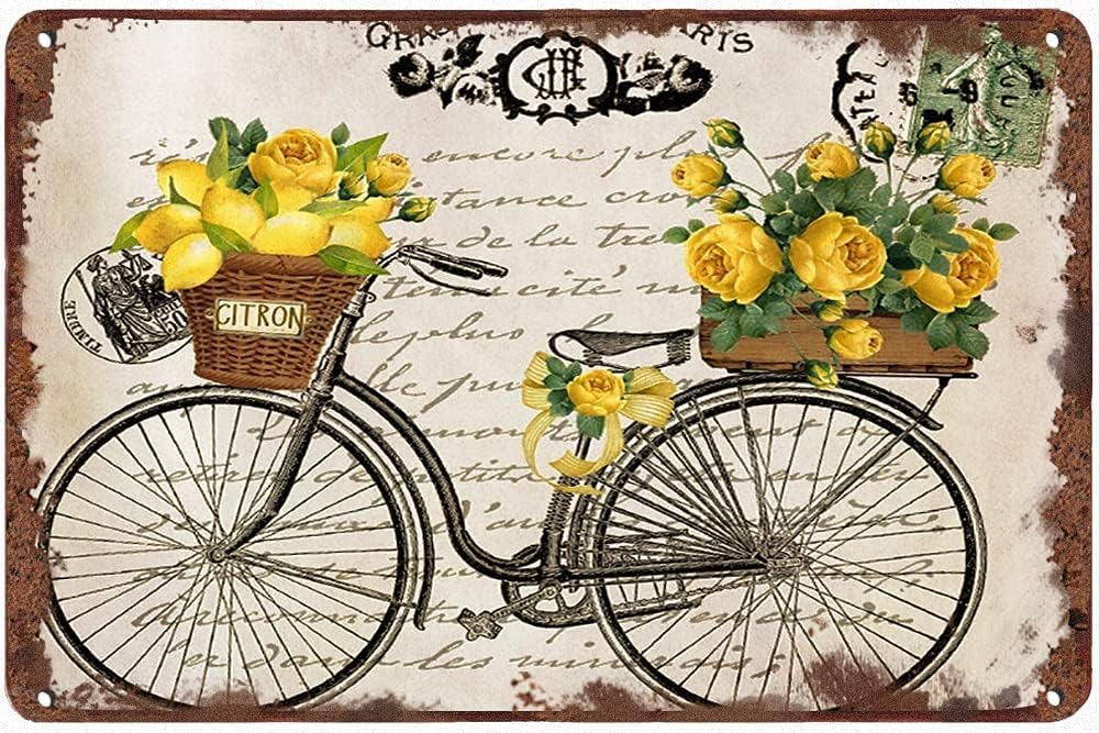 Nuboxx Tin Signs Vintage Retro Lemon And Rose Bike Funny Vintage Tin Sign Wall Decor Vintage Design Home Bedroom Wall Decor Gift 8X12 Inches