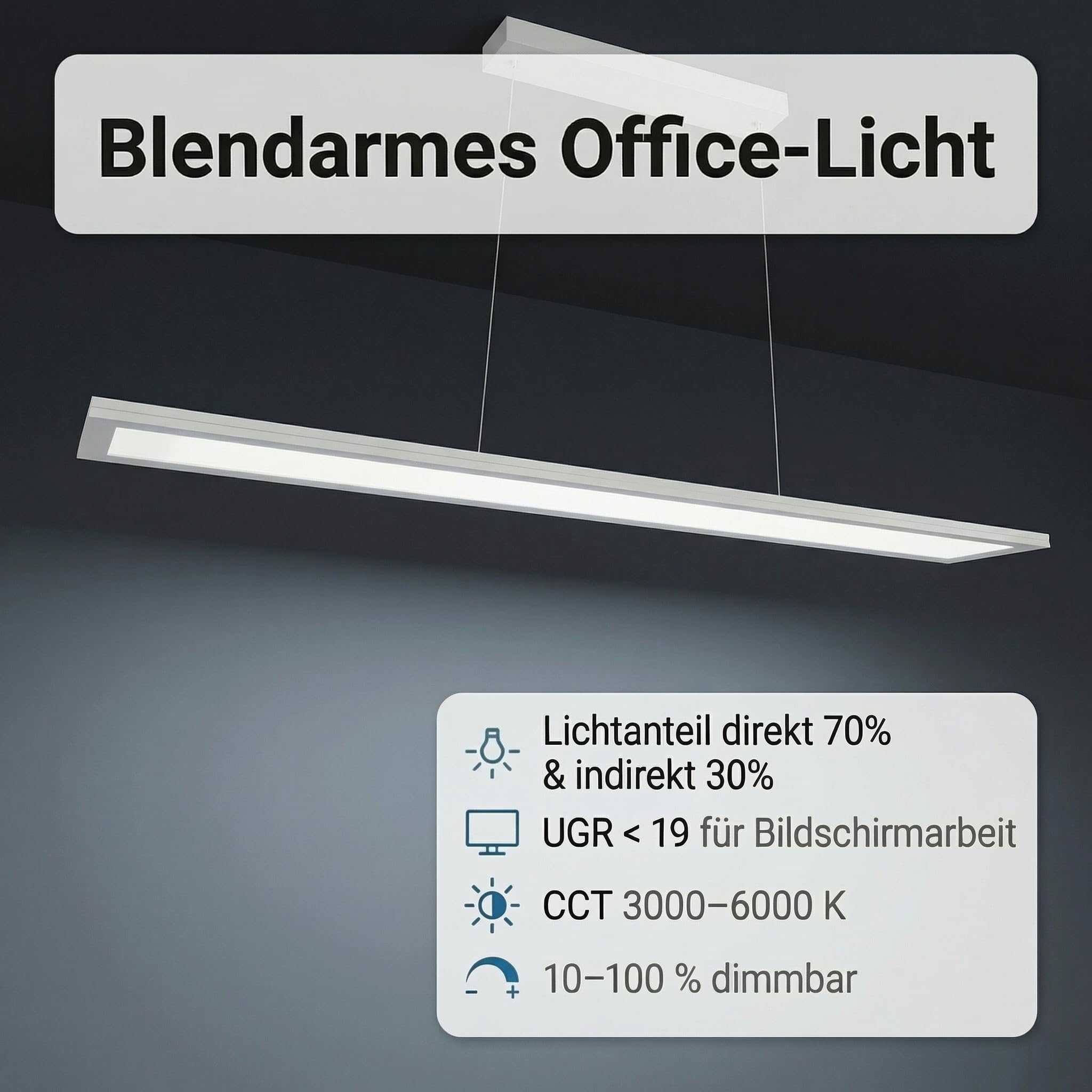 LED Universum Büro-Pendelleuchte OFFICE PANEL UP & DOWN 70/30, 120x20cm weiß, CCT 3000-6000K, 3500lm, dimmbar, mit Fernbedienung, blendfrei UGR<19, hoher CRI>90Ra, flimmerfrei
