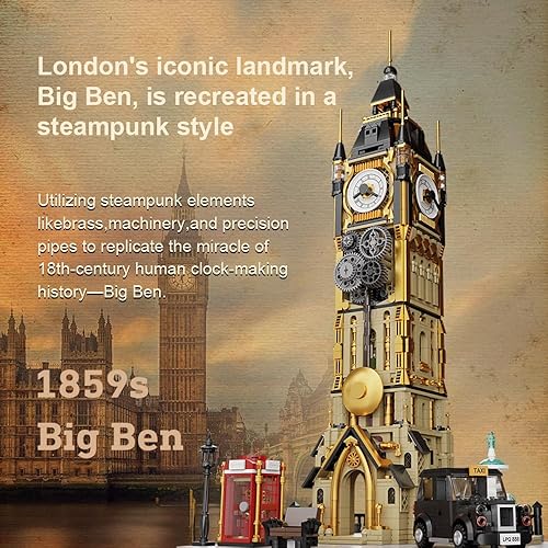 Miniatura 2 de Juego de construcción de arquitectura Big Ben, juego de ladrillos de construcción de torre de reloj Steampunk, kit de construcción de pantasy para
