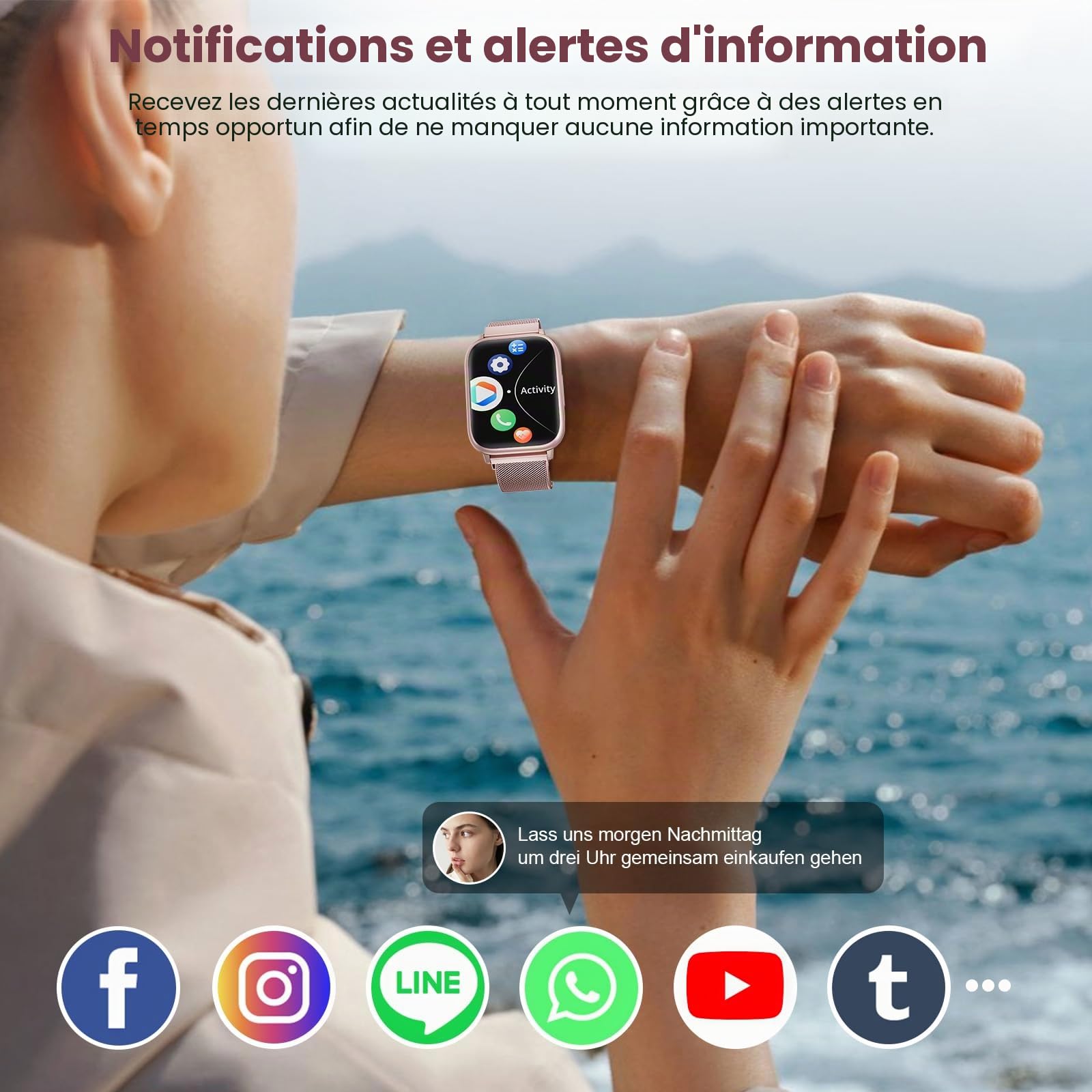 Loekneue New Montre Connectée Femme avec Appel Bluetooth, 1,83" HD Watch Cycle menstruel SpO2 Moniteur de Sommeil Sports IP68 Cardiofréquencemètre Fitness Tracker pour iOS Android Rose