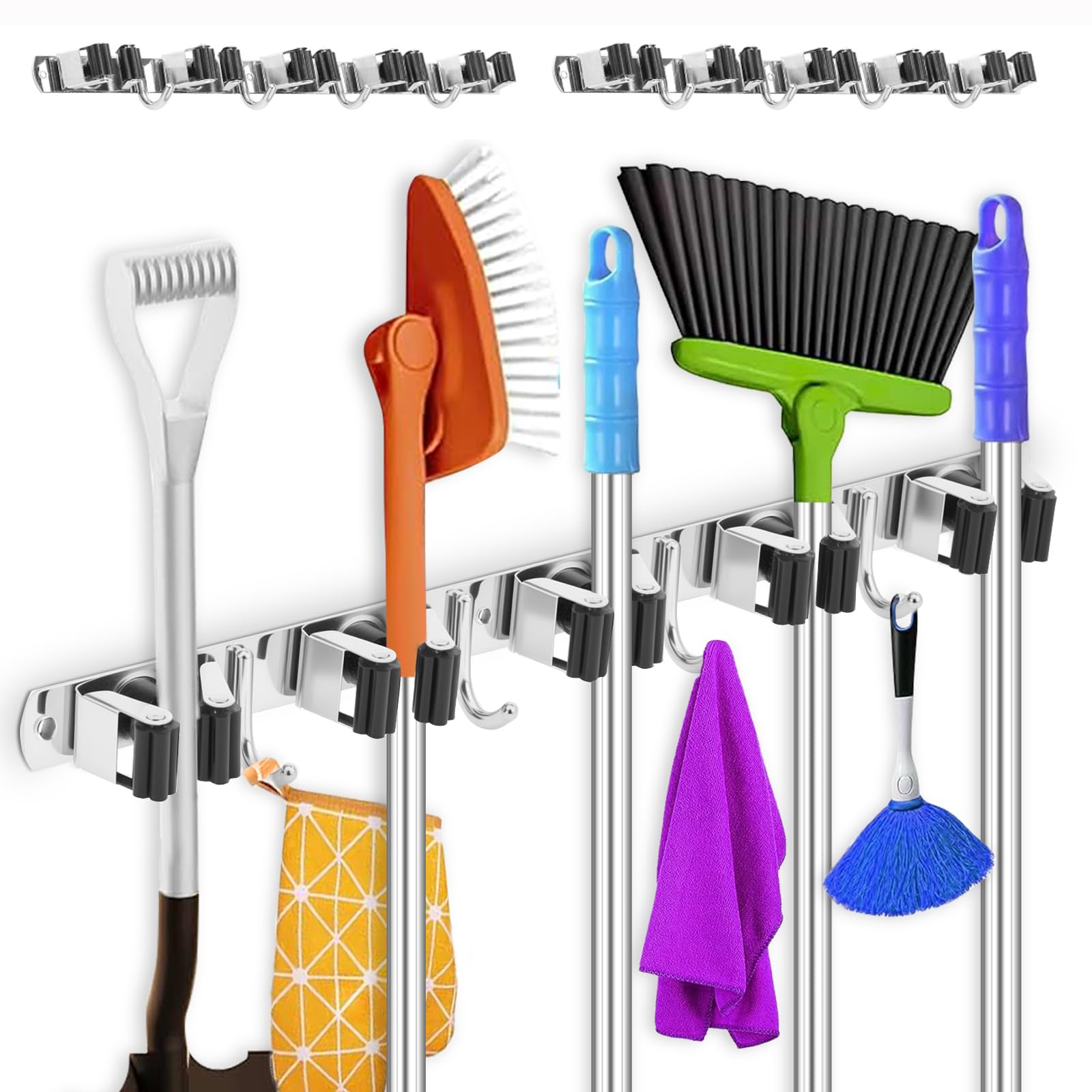 2 Pack Broom Holder Wall Mount 5 Racks 4 Hooks Stainless Steel Broom Mop Holder Anti Slip Storage Rack Strong Load Bearing Waterproof Broom and Mop