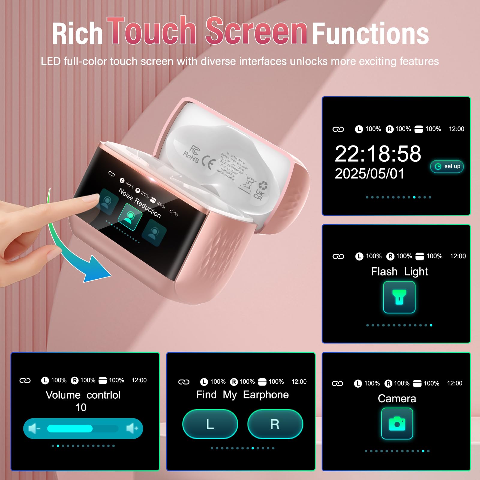 ZYHKON Écouteurs sans Fil avec écran Tactile Intelligent, Bluetooth 5.4 avec Micro, étanchéité IP7, Racine de Lotus Rose