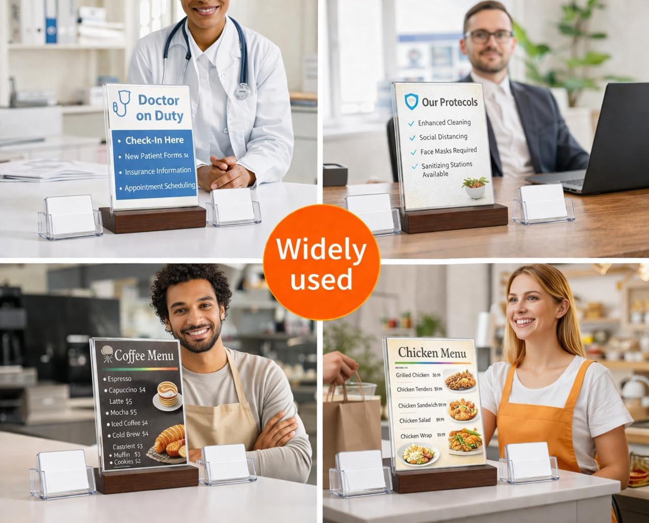 Acrylic display stands. For 11 x 8.5 brochures with 2 card holders and wooden base, ideal for displaying restaurant menus, office brochures, and business cards.