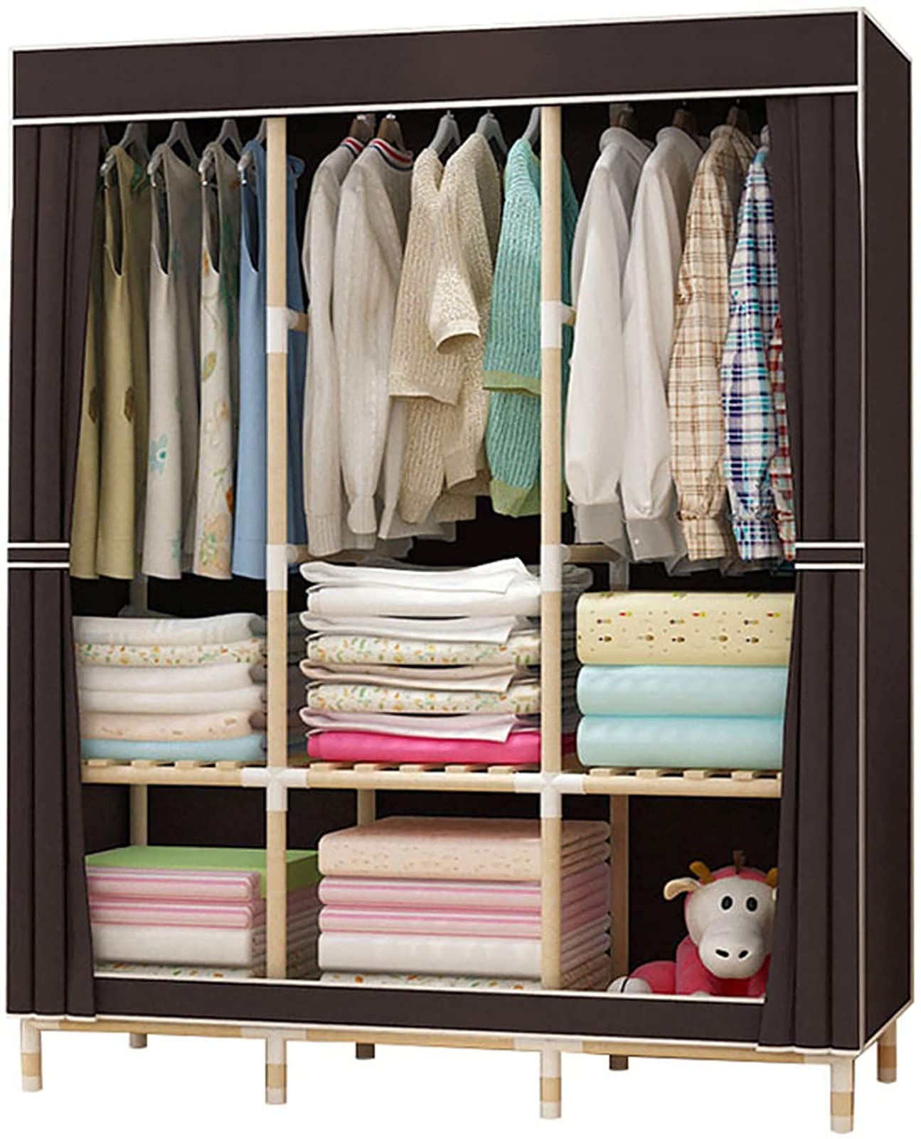 LBBBB Portable Wardrobe Storage Closet, Clothes Closet Organizer for Bedroom with Storage Shelves Hanging Rack, Strong Durable And Easy To Assemble L126*W45*H170cm,Coffee