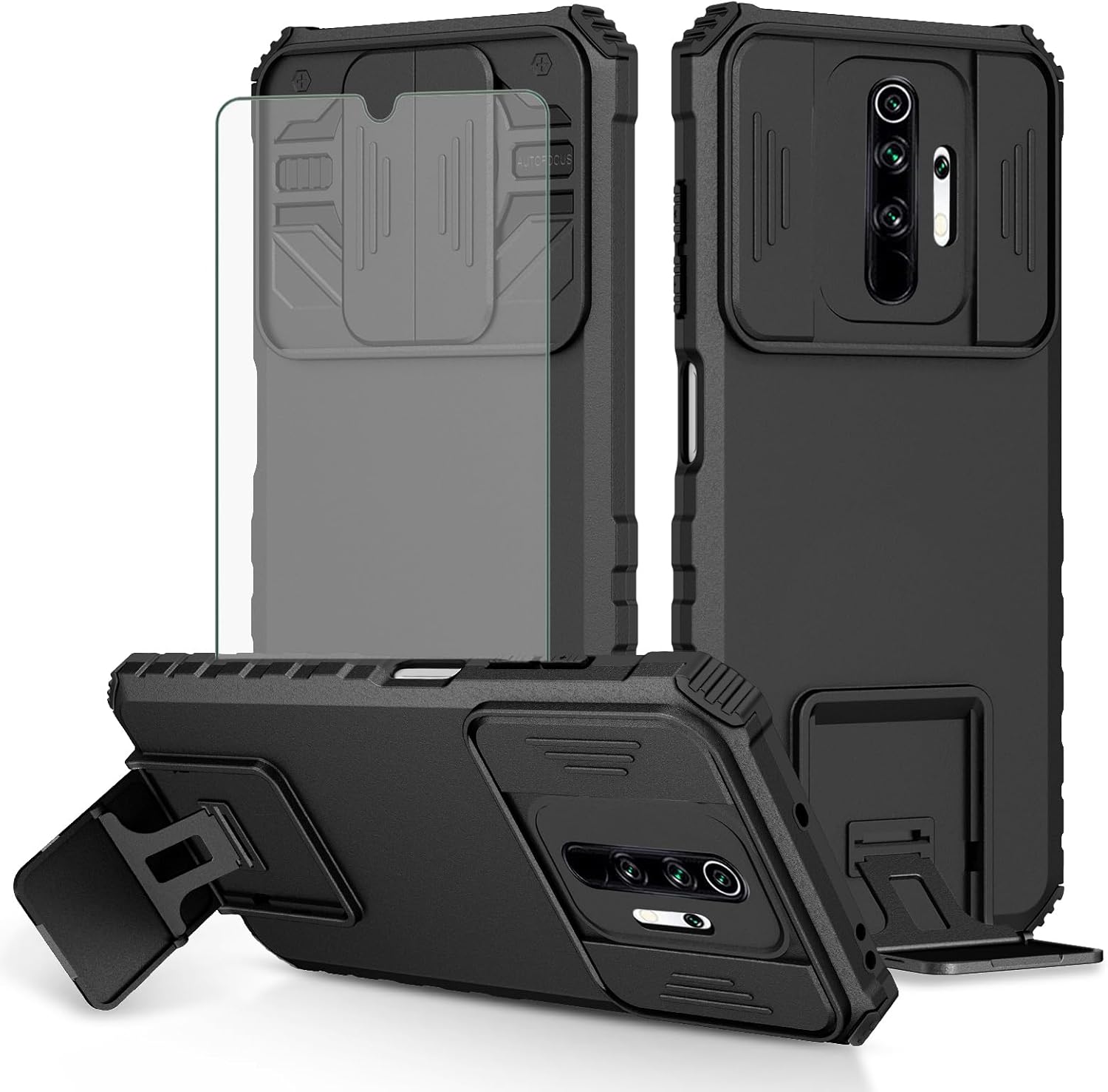 Asuwish Phone Case for Xiaomi Redmi Note 8 Pro with Tempered Glass Screen Protector and Slide Camera Cover Kickstand Stand Slim Protective Mobile Cell Accessories Redme Note8 8pro Women Men Black