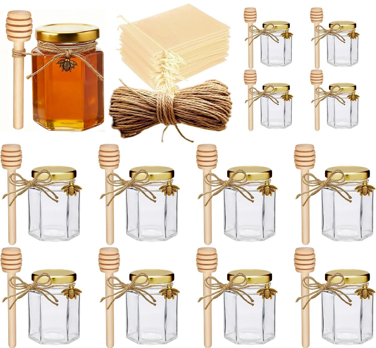 Honey Pot, Glass Honey Jars w/ Dippers, 4oz Hexagonal 12 Pack