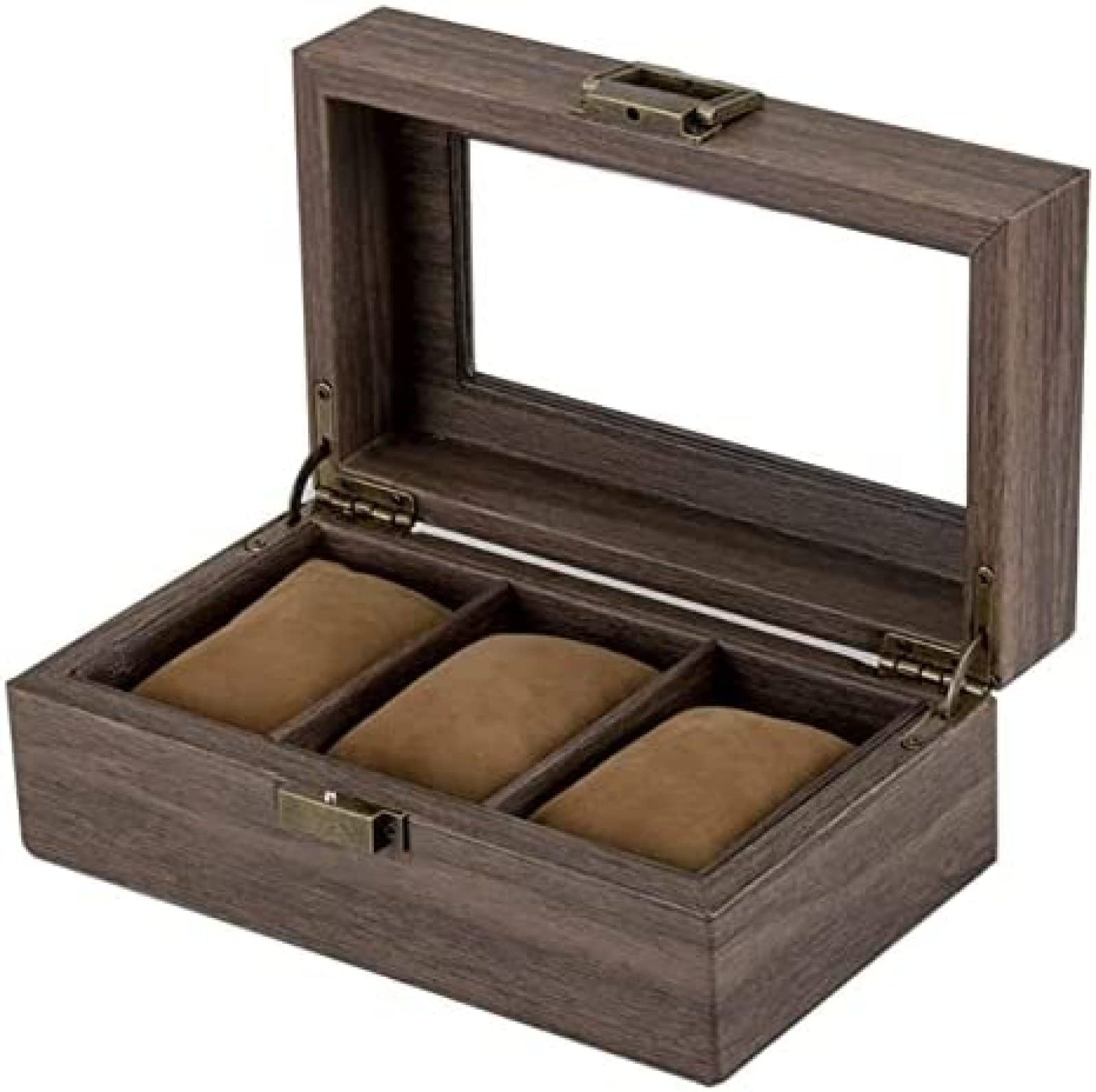 YNBSHGAA Watch Box Watch Case Watch Roll Watch Display Organizer Vintage 3 Grids Watch Box Lockable Jewellery Storage Case with Clear Display Top,Brown,20.5X12X8.5CM,Brown-20.5X12X8.5CM