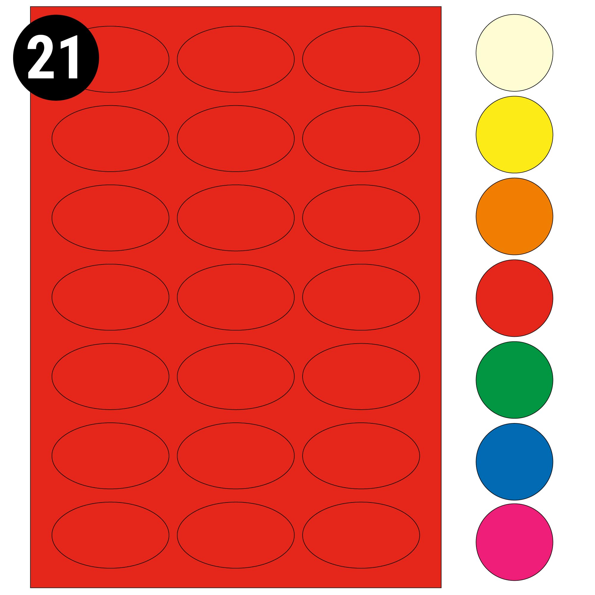 L&B Colour Range - Oval Labels – 3 Sizes & 7 Vibrant Colors – A4 Sheet – Compatible with Laser & Inkjet Printers (Red, 21 Labels Per Sheet - 100 Sheets)