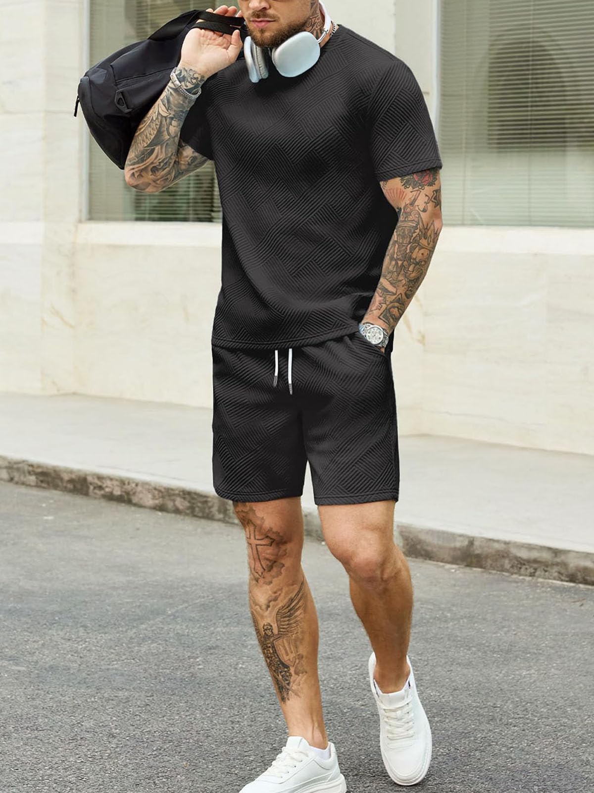 Survêtement Homme 2 Pièces Jacquard T-Shirt Manches Courtes Short Ensemble Ete