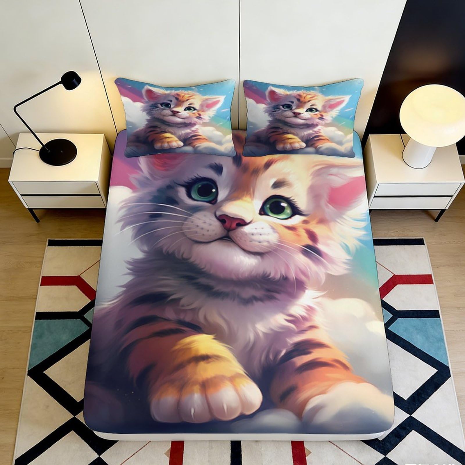 3D Printed Cute Cat Fitted Sheet Microfiber Soft Breathable Orange Kitten Bed Sheet for Bedroom Dorm Decor 90x200x25cm