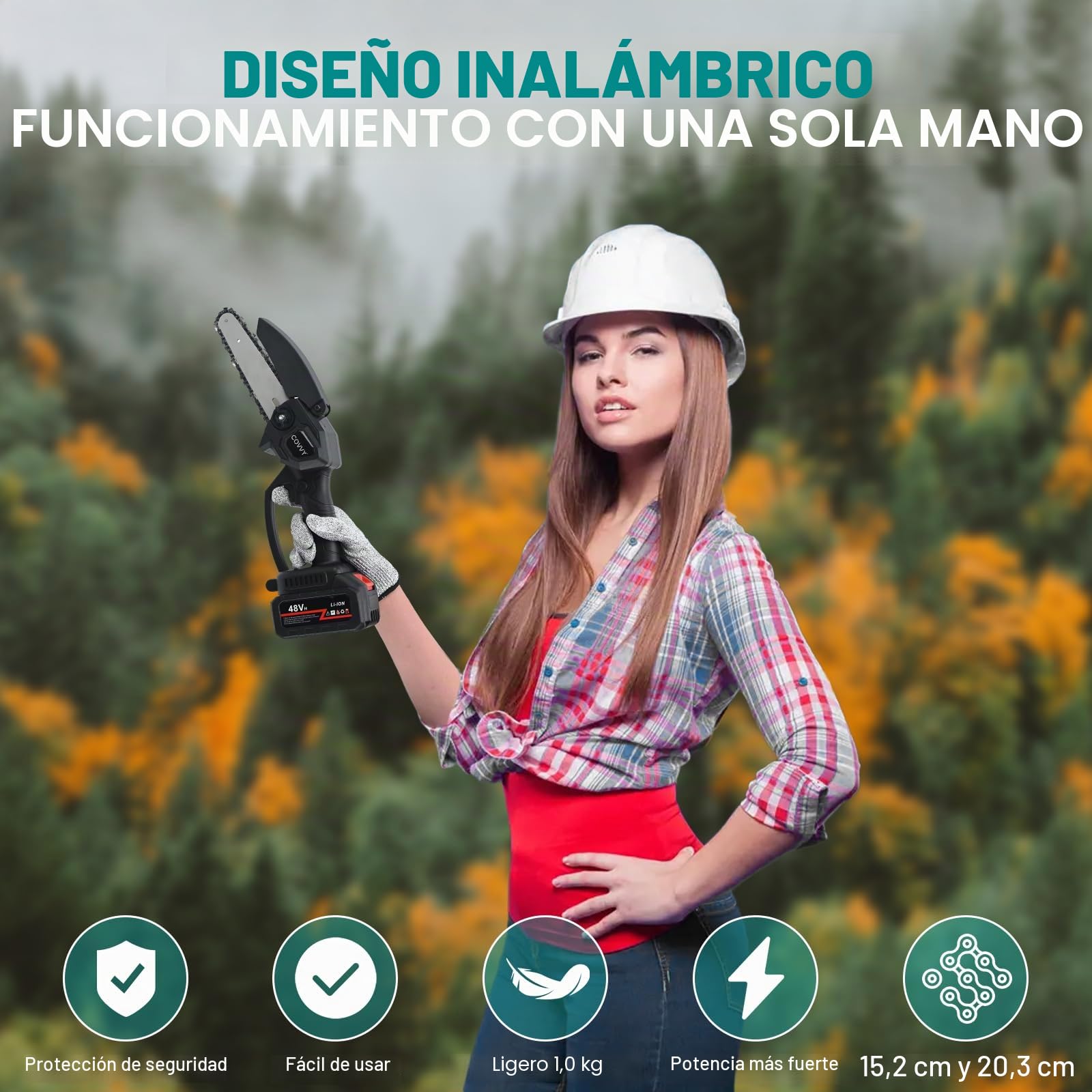 Mini motosierra eléctrica de 6 y 8 pulgadas, de mano, con 2 baterías, 4 cadenas, 1 gafa de protección, 1 destornillador, un par de guantes anticorte, herramientas eléctricas de motosierra