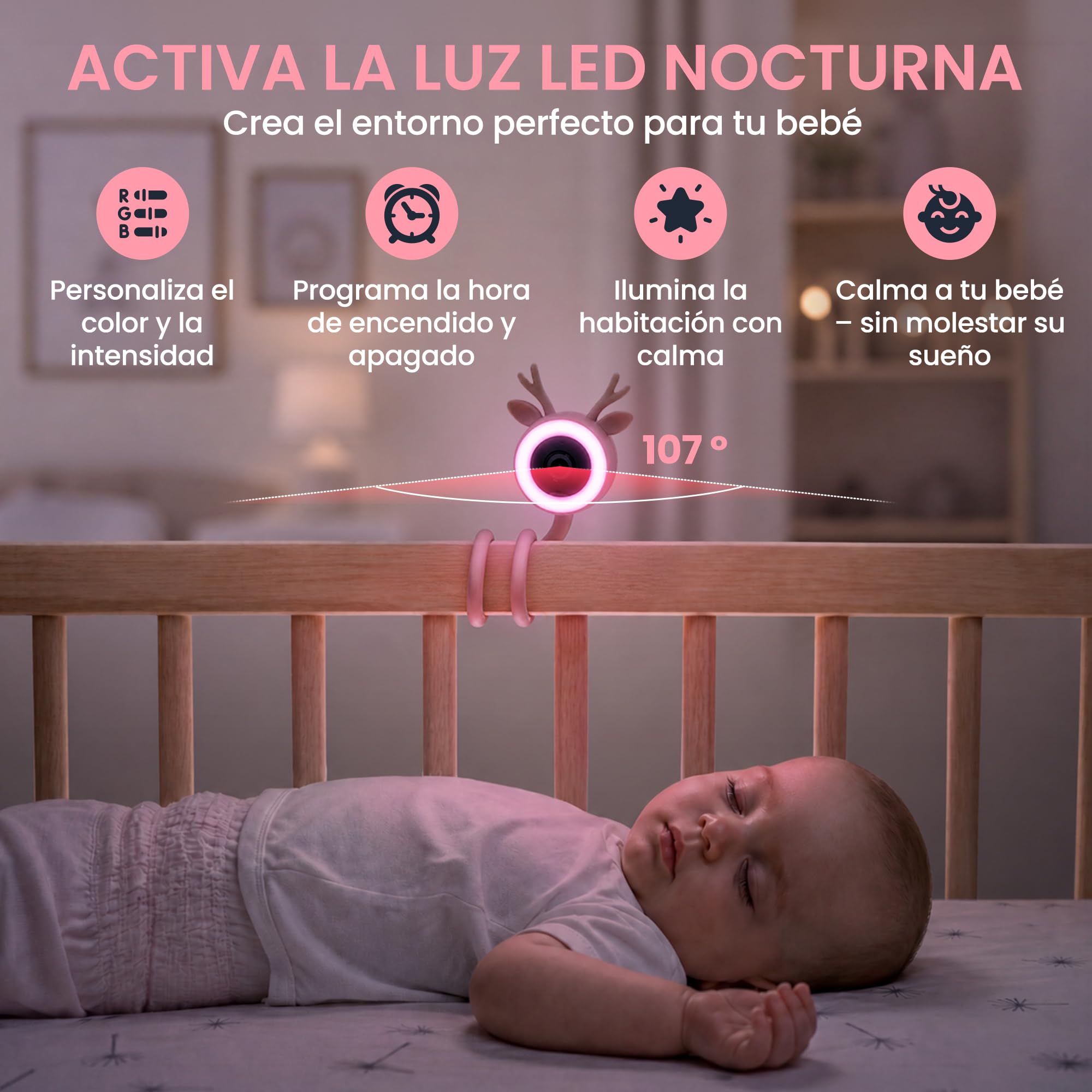 BABYSURE&CONFORT Camara Vigilancia Bebe - 4MP, Soporte Flexible y Rigido, Luz LED, Vigilabebes con Audio Bidireccional, Vision Nocturna, Alarma Llanto y Movimiento, Wi-Fi 2.4GHz Smart App móvil (Rosa)