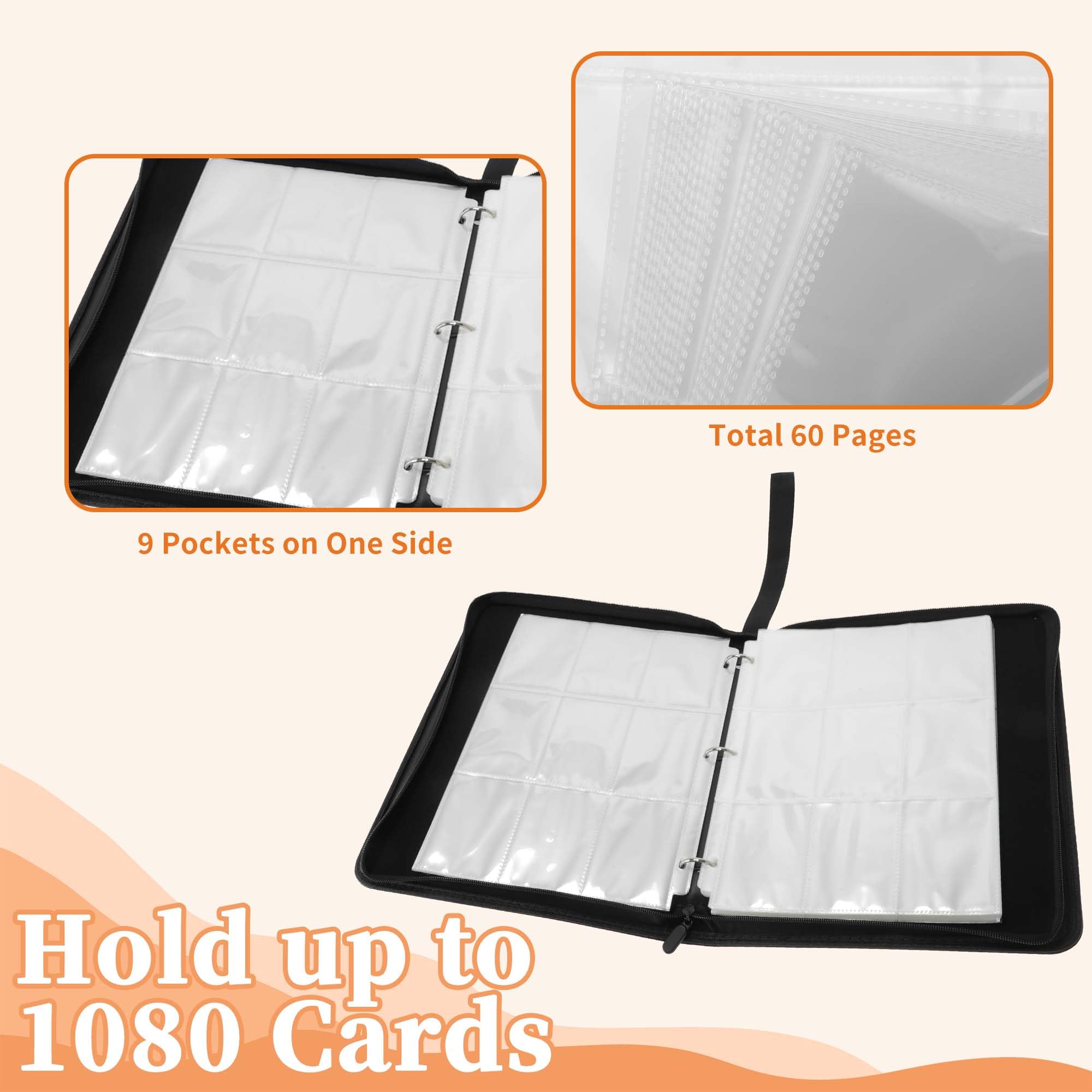 Album per Carte, 9 Tasche, 60 Pagine, Capacità di 1080 Carte, Album con Zip, Raccoglitore a Doppia Faccia, Cartella per Carte Sportive, Carte da Gioco, Nero