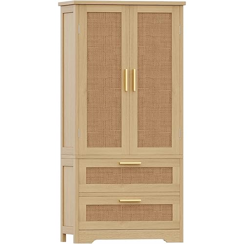 Rovaurx Tall Bathroom Storage Cabinet, Lined Floor Cabinet with 2 Drawers and Doors, Adjustble Shelf, Pantry Cabinet, Cupboard for Living Room, Office, Kitchen, Natural BMGZ109M