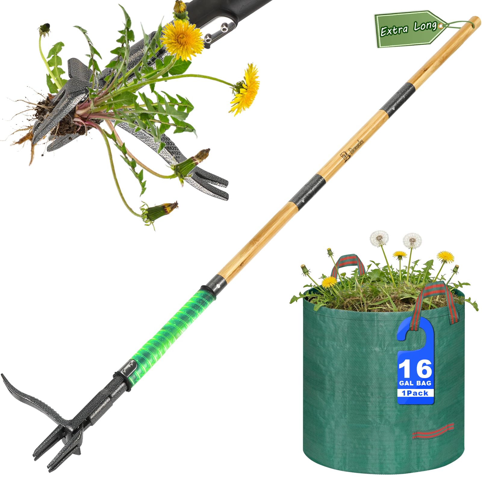 Weed Remover Tool, Heavy Duty Weed Puller Root Remover with 4-Claw Steel Head & Dual-Eject Mechanism, 146cm Bamboo Long Handle Stand Up Weeding Tools for Garden & Lawn, Includes 60L Leaf Bag