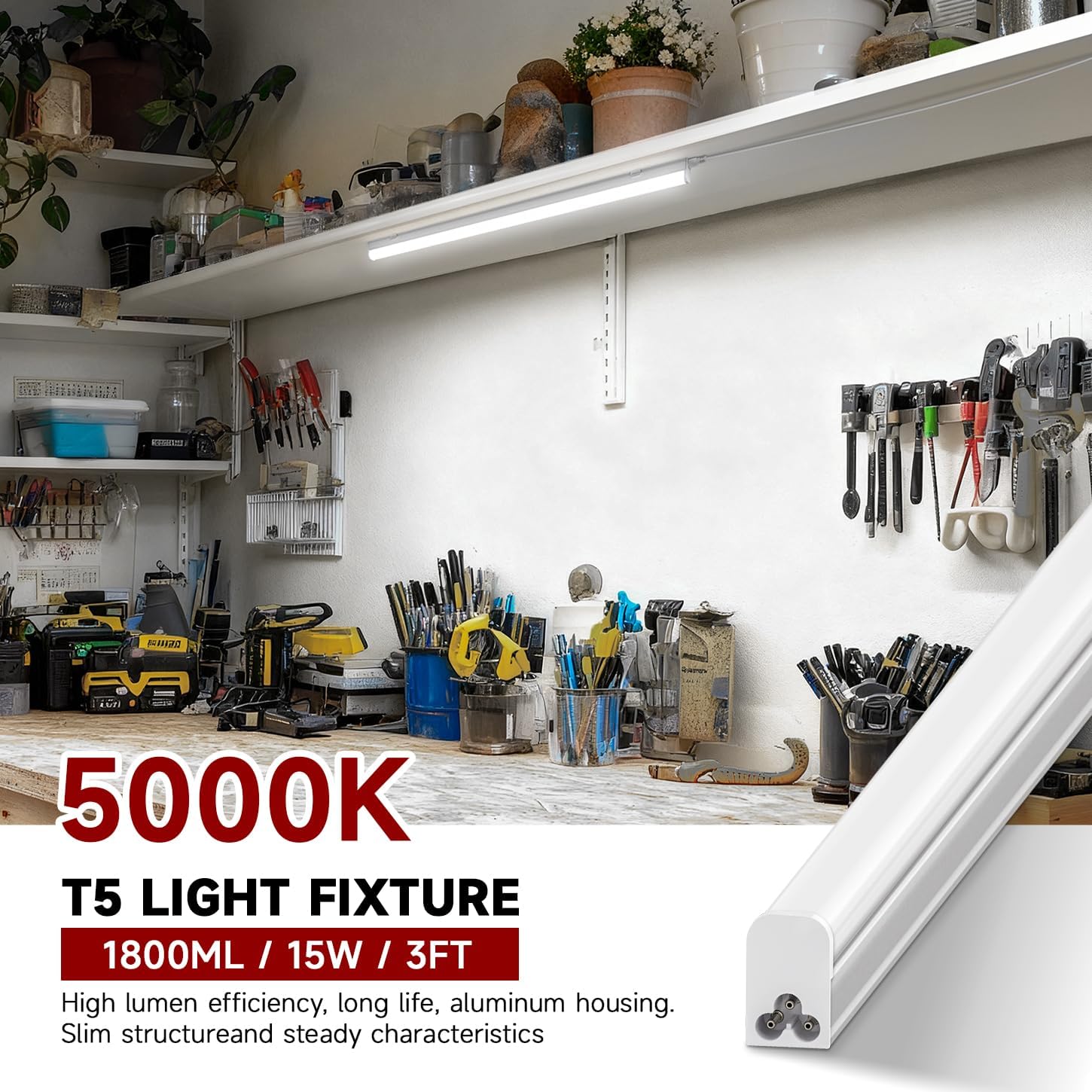 8 Pack T5 LED Shop Light, 3FT, 15W, 5000K 1800LM, Linkable Utility Fixture for Under Cabinet, Kitchen, Garage, Basement, Workshop Lighting, Easy Installation, Plug & Play