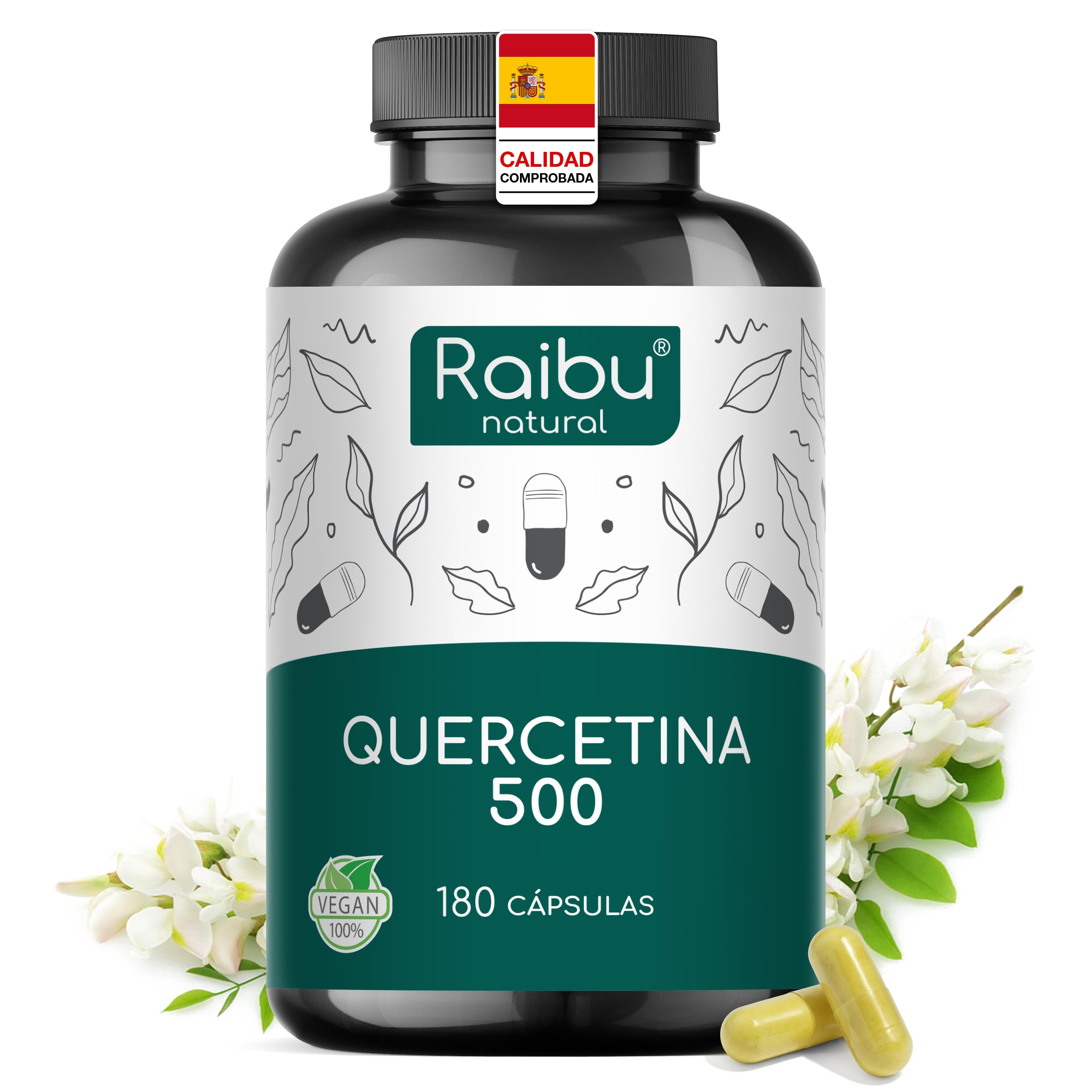 Quercetina 500 mg Pura - 180 Cápsulas Veganas para 6 Meses de Suministro - Extracto de Sophora Japonica con 95% en Quercetina - Alta Potencia, Sin Aditivos y Probado en Laboratorio - Raibu