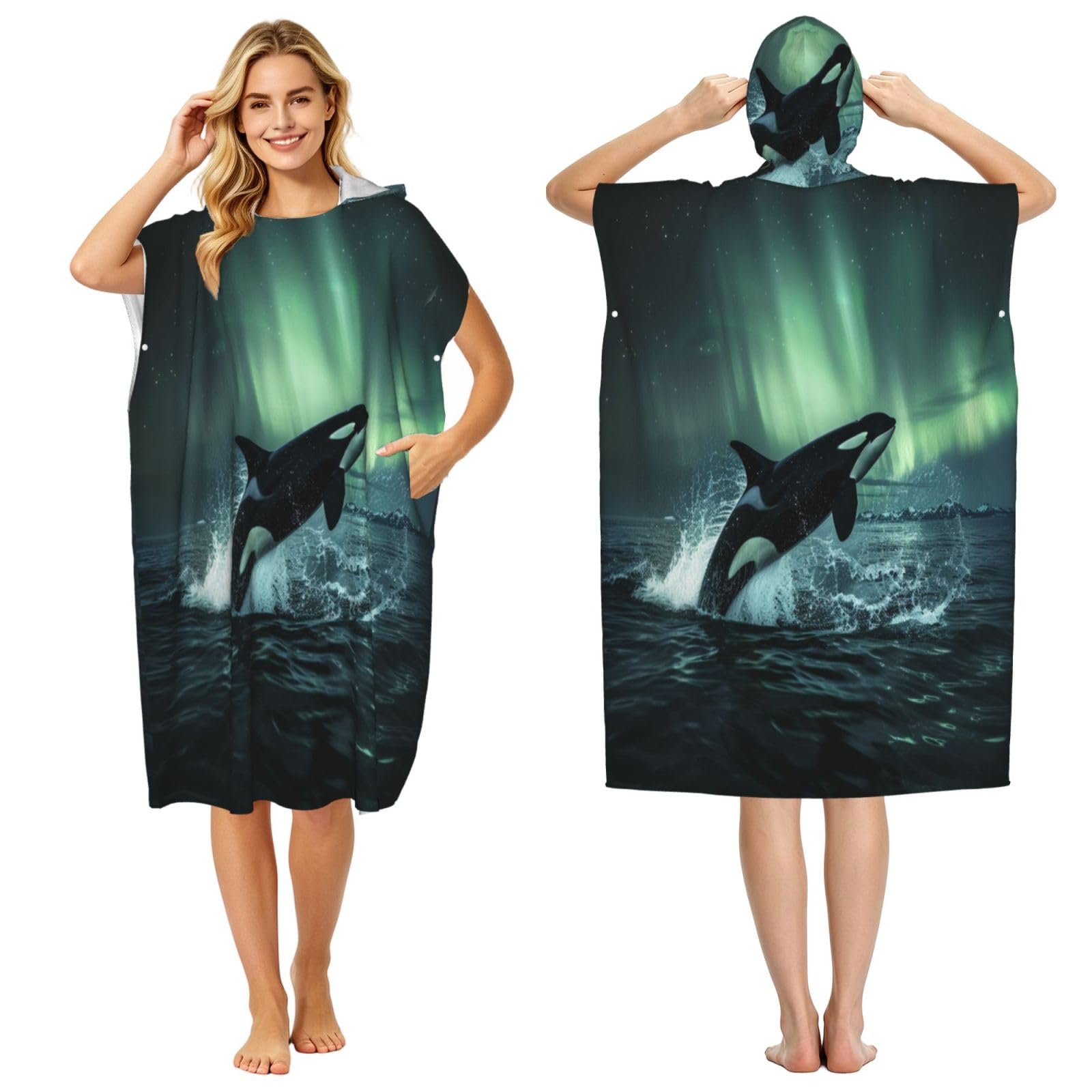 DTHKJNLSF Killer Whale Adult Hooded Beach Poncho Towel