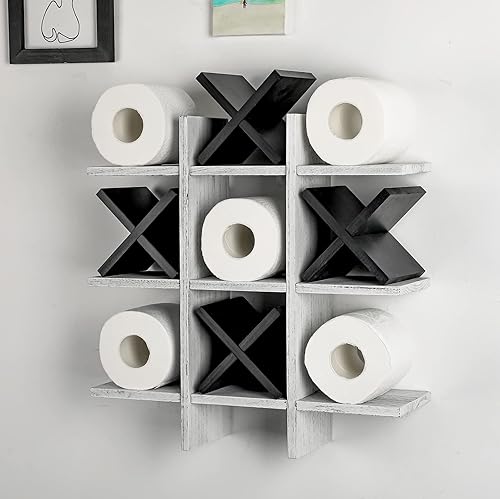 Miniatura 12 de Weysat Soporte de Papel Higiénico Tic Tac Toe Decoración de Pared de Baño Almacenamiento Colgante de Madera Rústica Estantes Independientes Montados