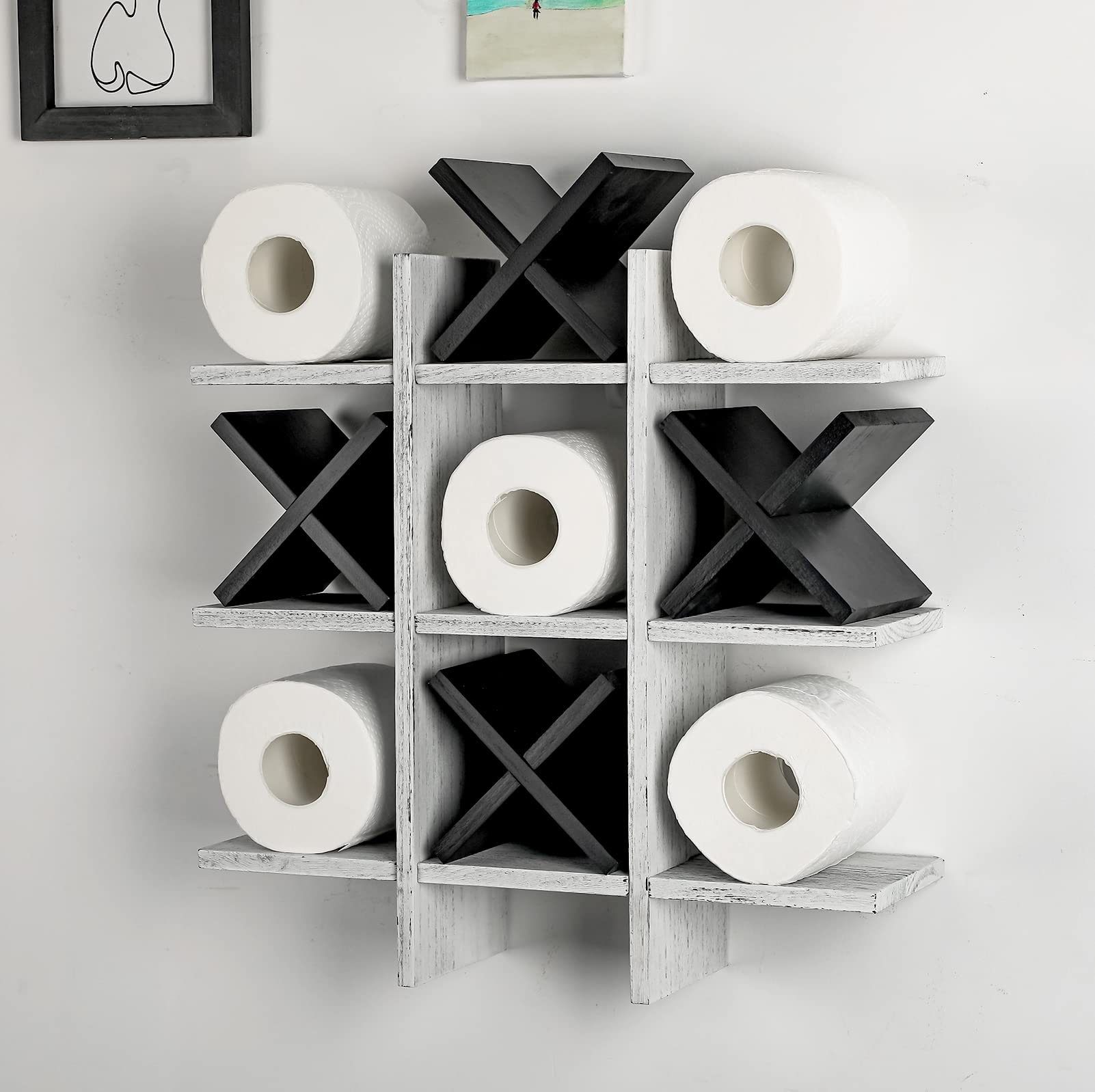 Tic Tac Toe Toilet Paper Holder Stand Rustic Wooden Toilet Paper Storage Bathroom Hanging Storage Freestanding Wall Mounted Shelves Wall Decor for Toilet Tissue Farmhouse Decor (Retro White, Black)