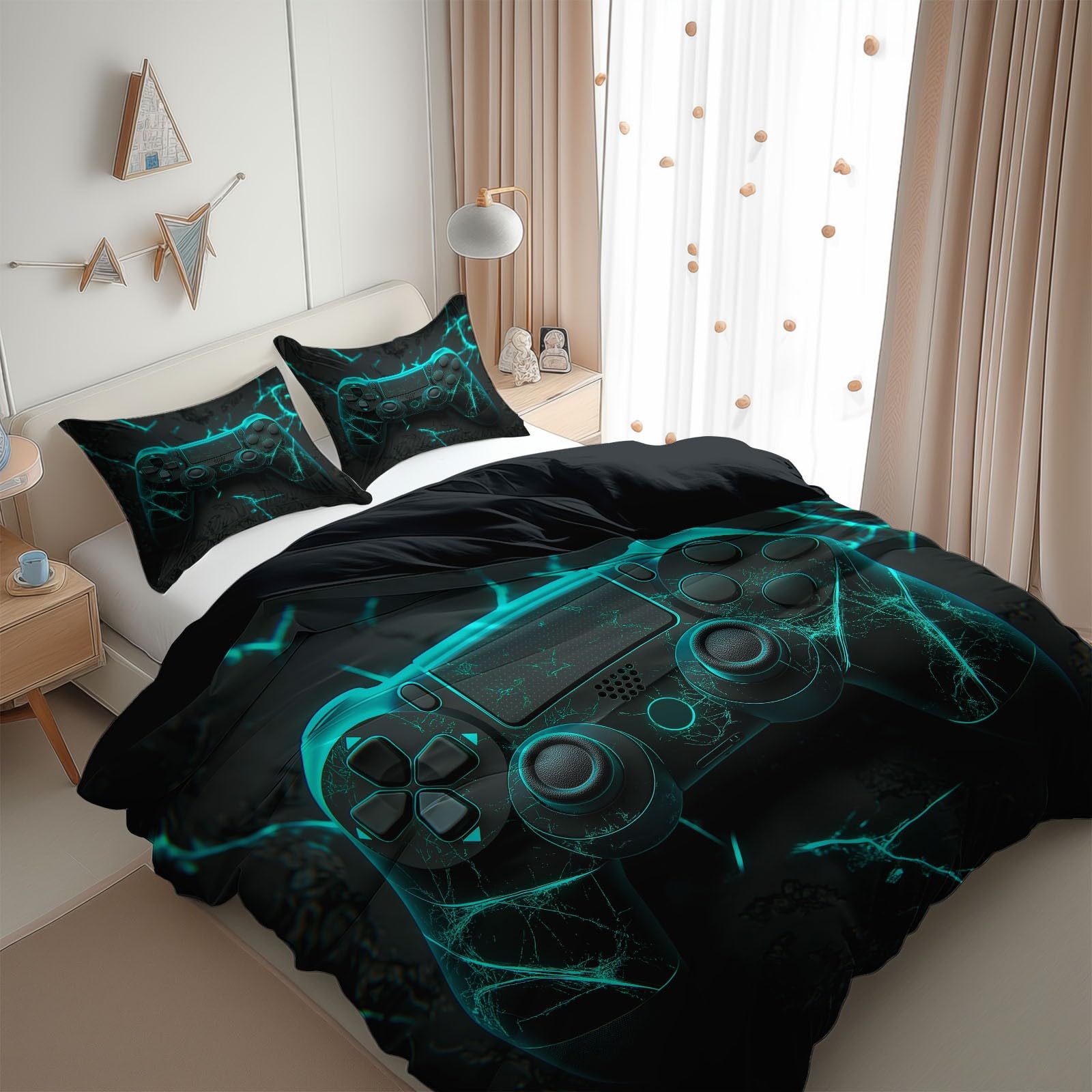 3D Bettwäsche 220 x 240 cm Gamecontroller Crack Bettwäsche-Set Schwarz, Weich Bügelfrei Atmungsaktiv mit Reißverschluss, Inklusive 1 Bettbezug und 2 Kissenbezügen 80x80 cm