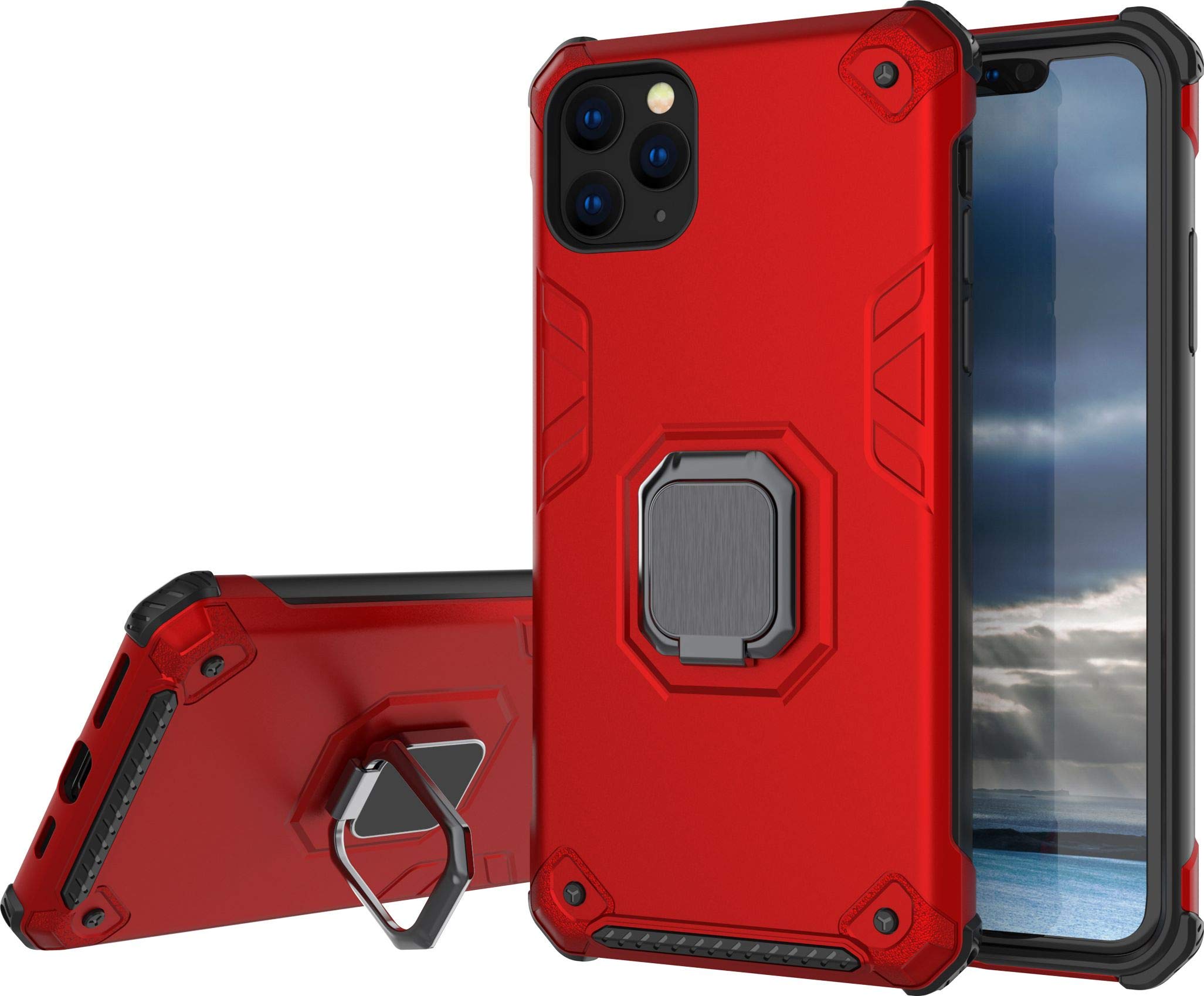 PUDINI® 360° Rotating Ring Holder Back Cover for Apple iPhone 11 Pro MAX (6.5 Inch) Hard PC + Soft Bumper + Viewing Stand + Complete Protection Rugged Armor Case - Red