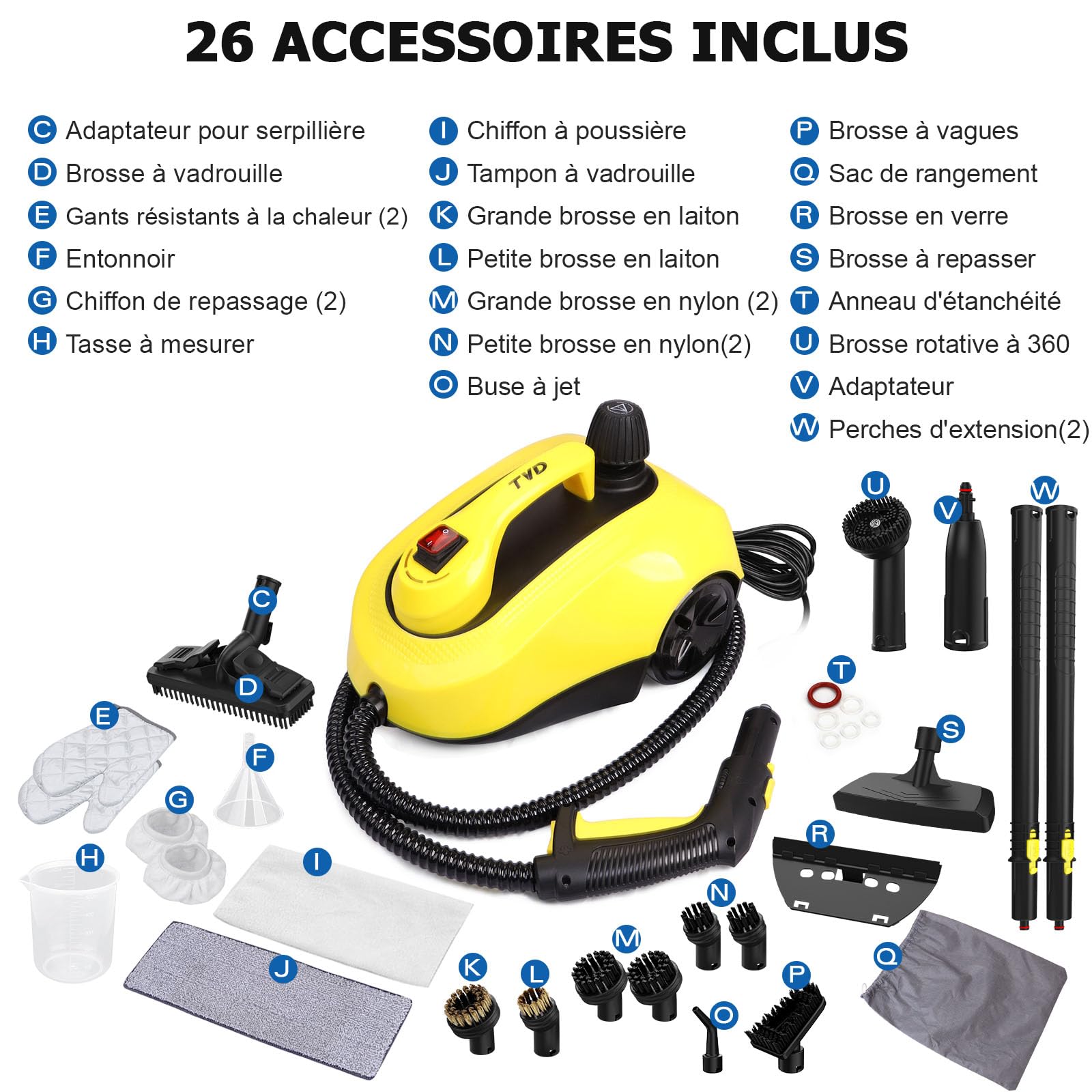 TVD Nettoyeur vapeur, balai vapeur pour nettoyage du sol, balai vapeur avec 26 accessoires, cordon d'alimentation de 5 m pour nettoyeur vapeur au sol, four, tapis, canapé