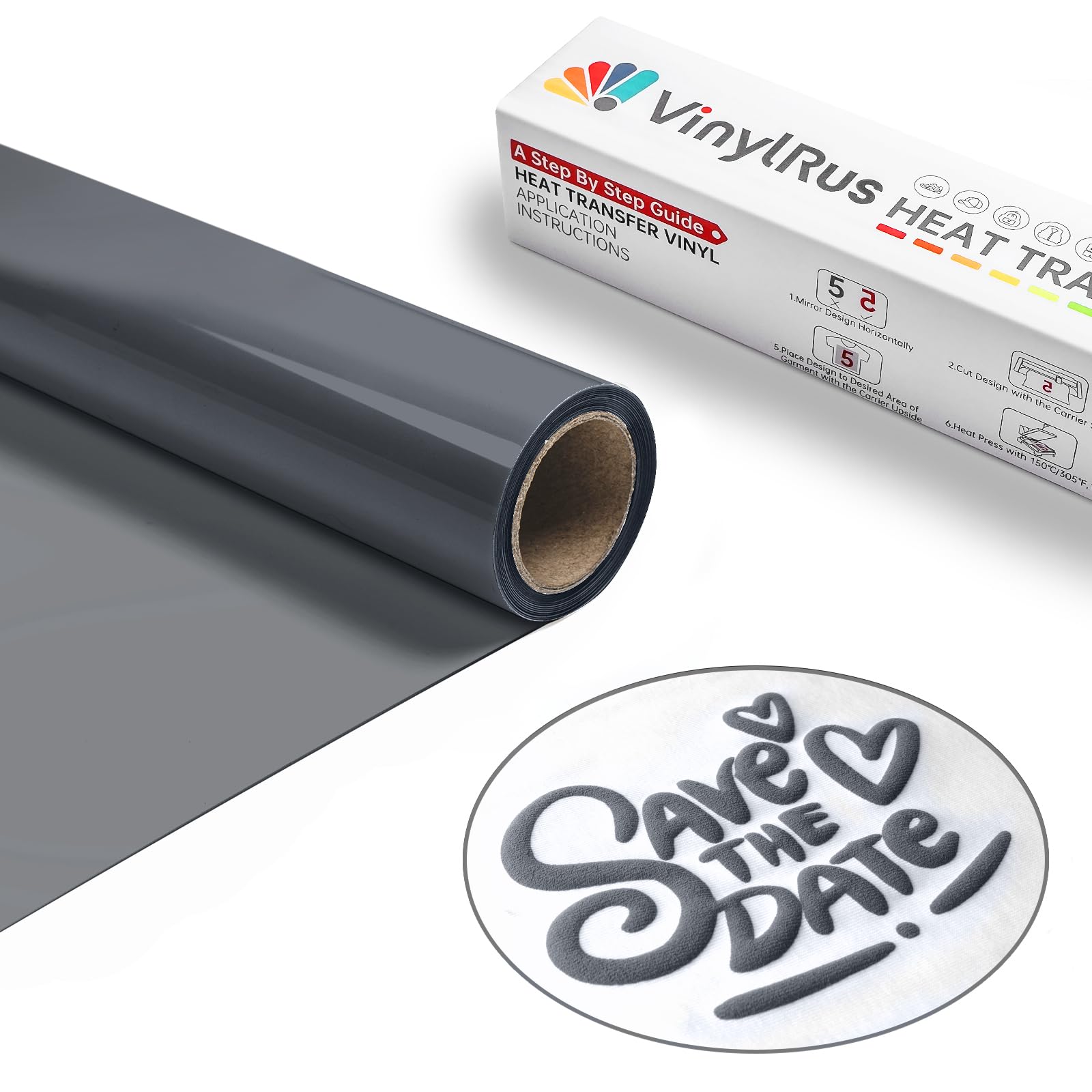 VinylRus Puff Vinyl Heat Transfer -12” x 6ft Dark Gray Puffy 3D Iron on Vinyl for T-Shirt, Puff HTV Vinyl Roll for Silhouette Cameo, or Maker, Easy to Cut and Weed