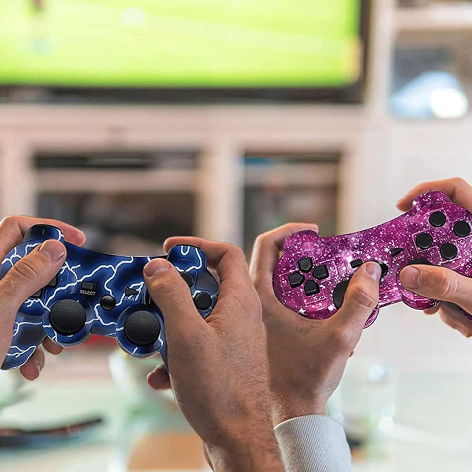 Degulan Controlador para PS-3 inalámbrico, joystick remoto para juegos para Play 3 con cable de carga (BlueFlash y PurpleSky)
