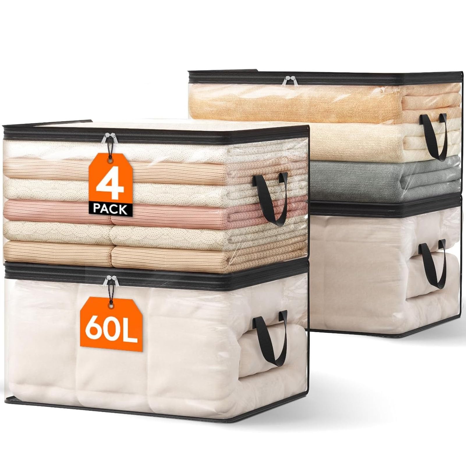 ZhuiFengAA Large Heavy-Duty Thick Plastic Clear Storage Bag For Clothes, 60L,Moving & Storage, Moving & Storage, Massive Capacity Holds Sweaters(4PCS)