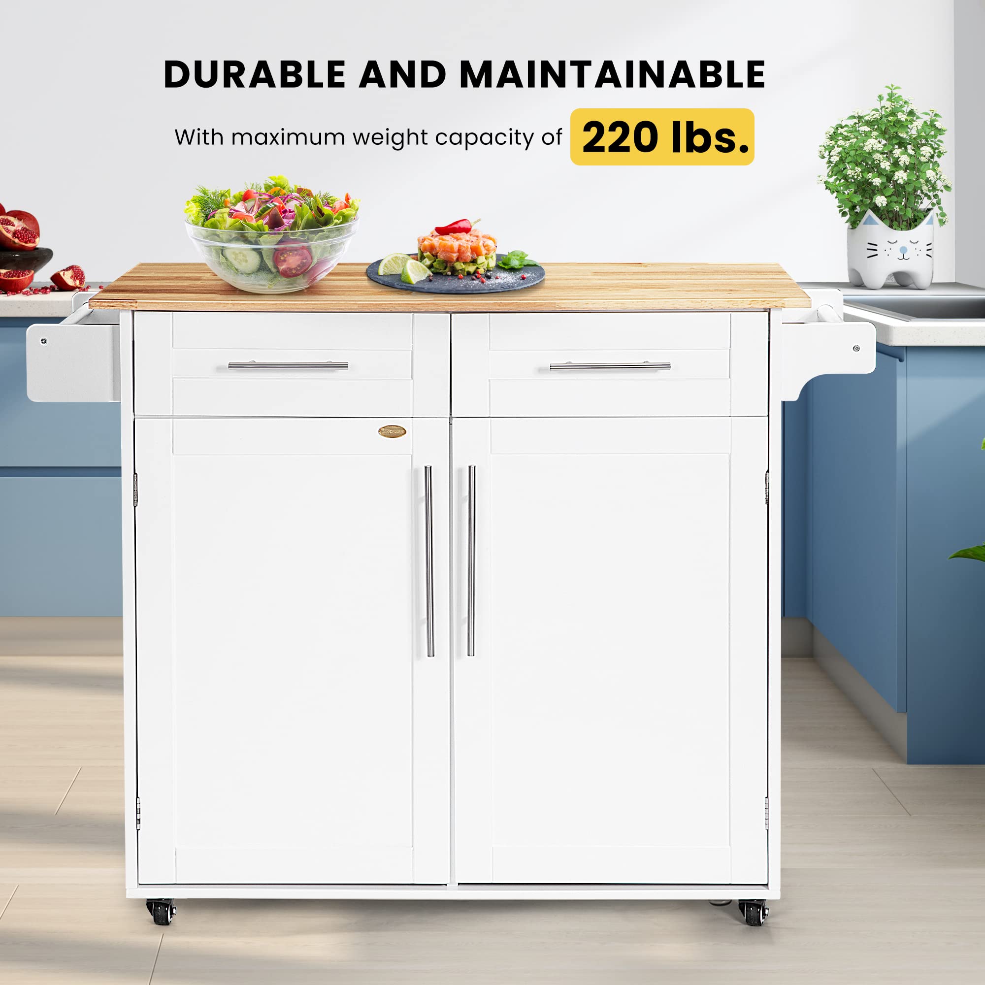 VIVOHOME Kitchen Island Cart on Wheels, Rolling Island Table with Storage,  Towel Rack, Spice Rack for Dining Rooms, White