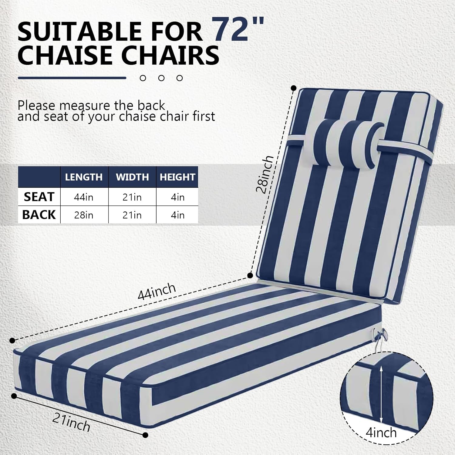72 x 21 x 4 inch olefin chaise lounge cushions, lounge chair cushions with headrest for outdoor furniture - weather and fade resistant patio replacement furniture lounge chair cushion set of 2 blue/white 2 count-72 in l x 21 in w x 4 in t